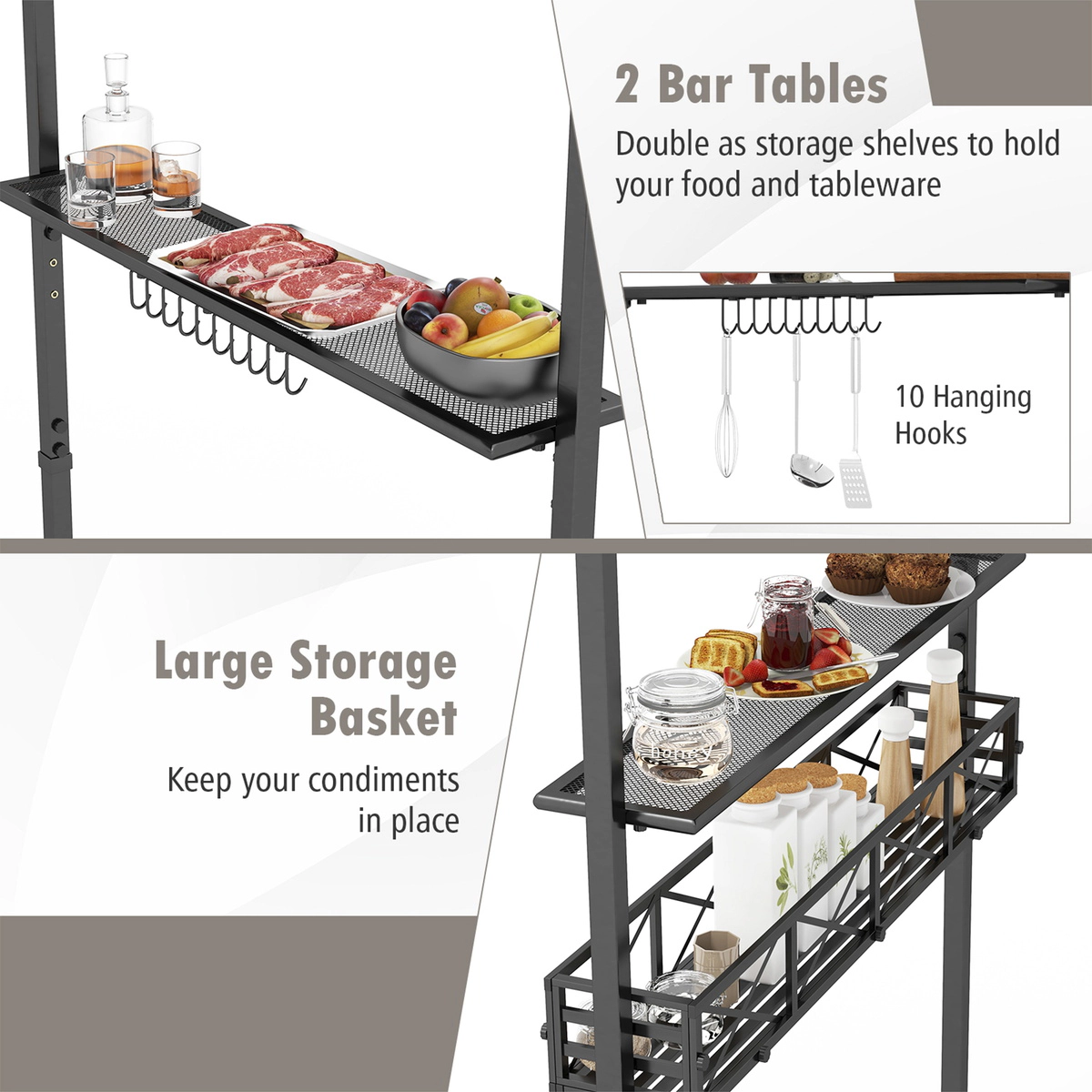 SUGIFT 2 Side Shelves 10 Hooks and Storage Basket 8 x 5 ft Outdoor Grill Gazebo