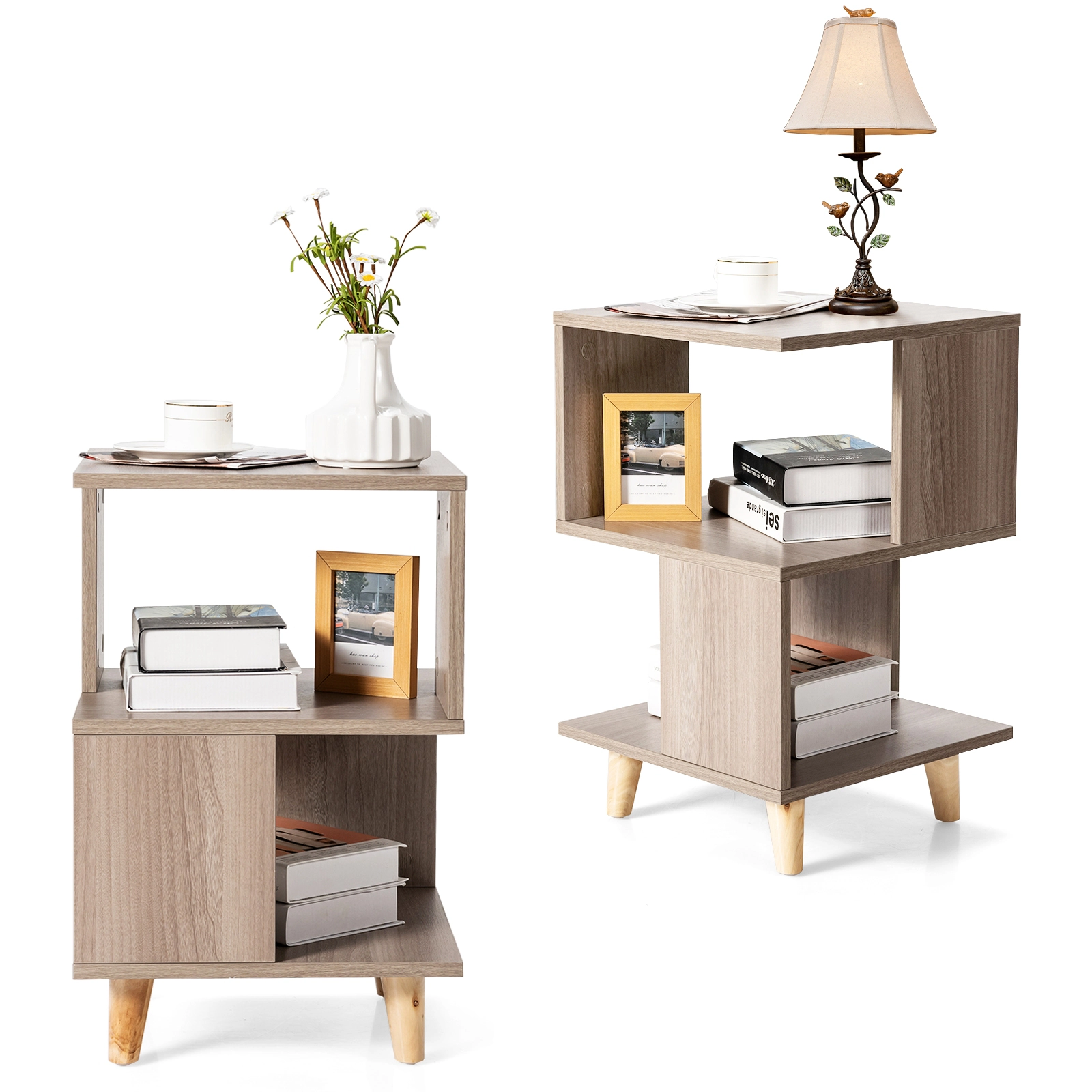 Glintex 2-Piece Asymmetrical Nightstand Set with Thickened Board and Support Legs, Gray