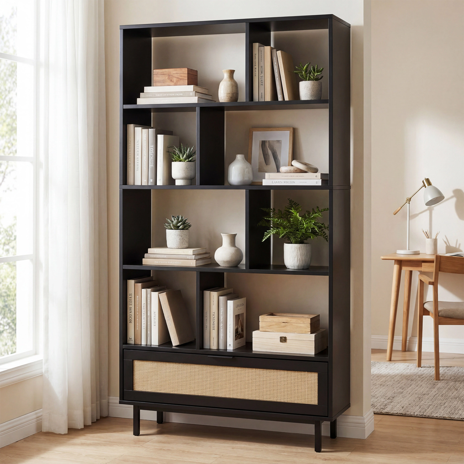 LJG 64 Inch 6-Tier Tall Wooden Bookcase with 8 Open Cubes