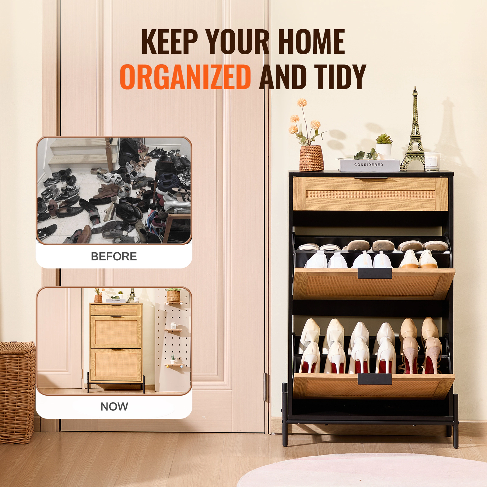 HONGGE Narrow Rattan Shoe Cabinet with Flip Drawers, Slim Entryway Storage Organizer with Metal Legs for Closet Hallway