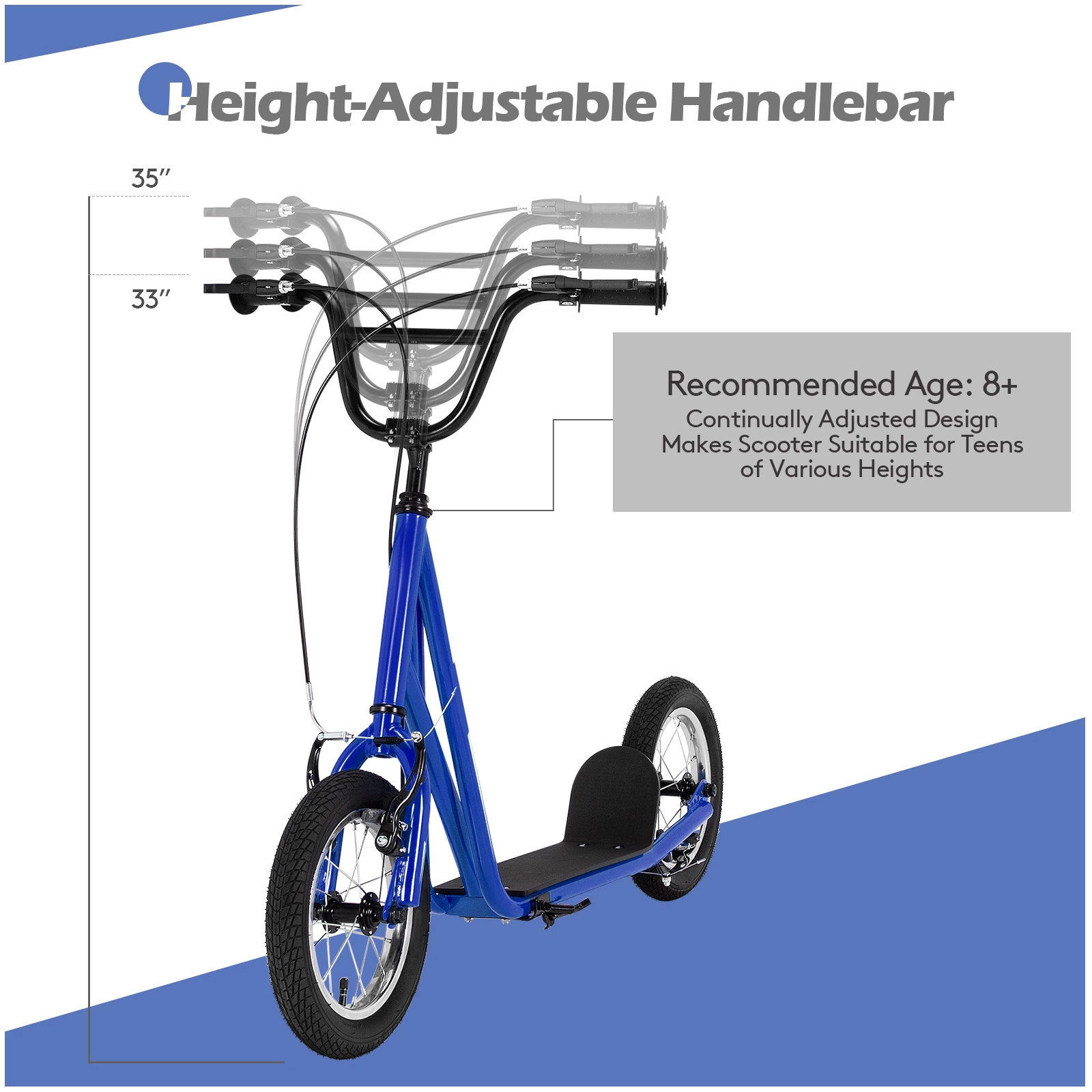 SUGIFT Kids Navy Kick Scooter with 12-in Air-Filled Wheels and Dual V-Brakes 33-in to 35-in H 165-lb Rider Capacity