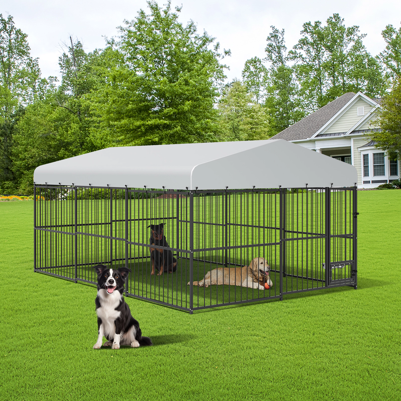Heavy Duty Outdoor Dog Kennel for Large Dogs, Walk-in Cage with Roof & Feeding Doors for Garden