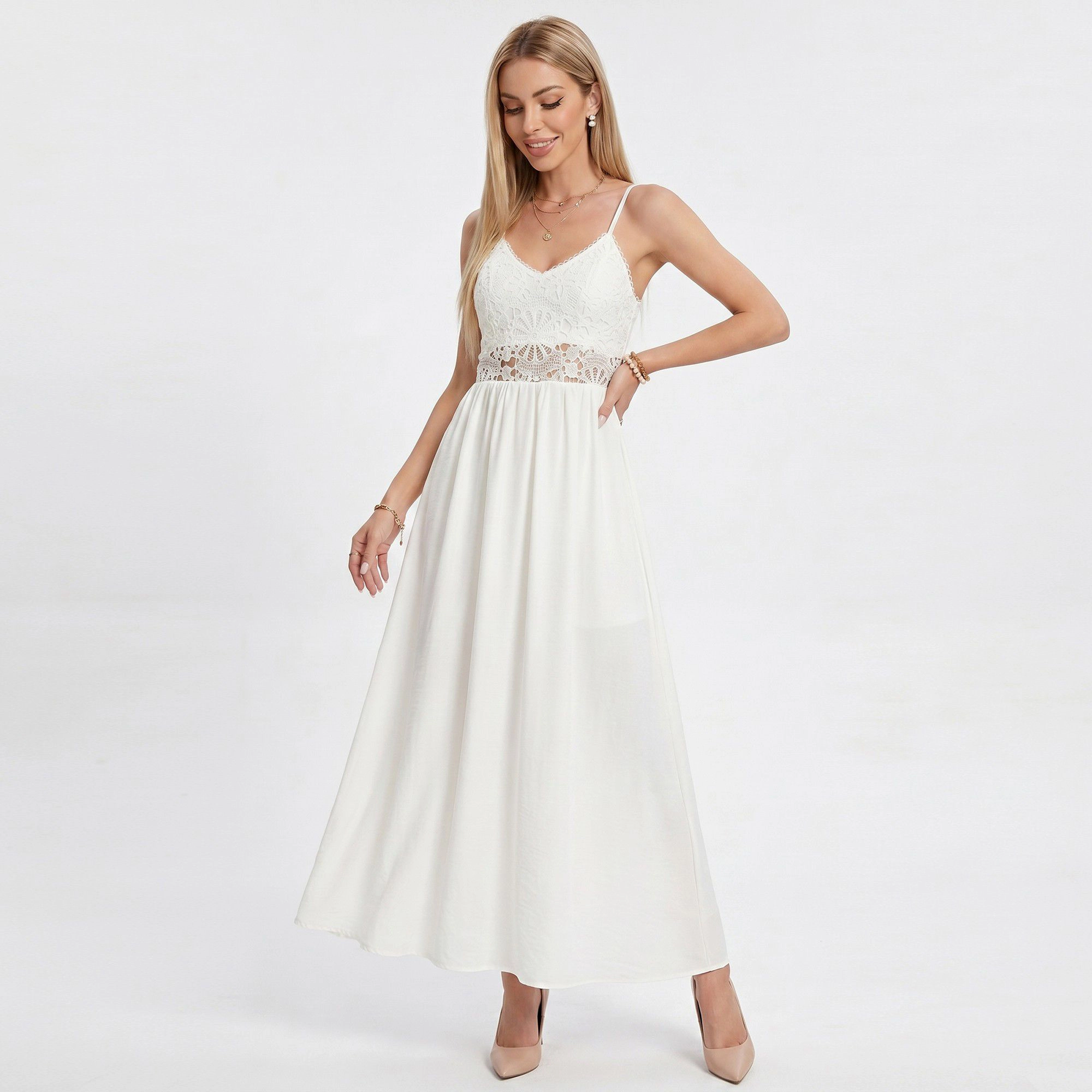 Anna-Kaci Women's Lace Bodice Spaghetti Straps Maxi Dress