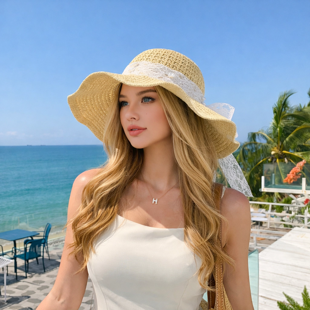 Anna-Kaci Women's Wide Brim Straw Sun Hat with Lace Bow Ribbon Pearl Decoration Summer Beach Protection Floppy