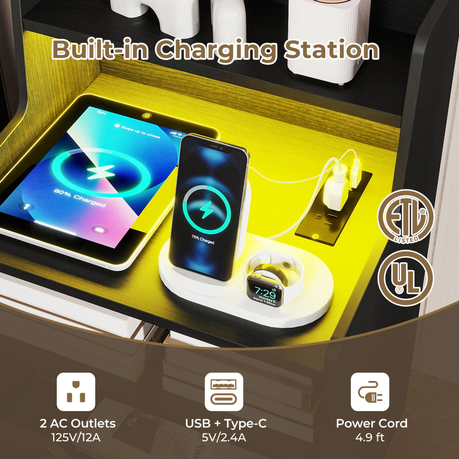 Glintex 28.5-Inch LED Nightstand with 60000-Color RGB Music Sync and Charging Station