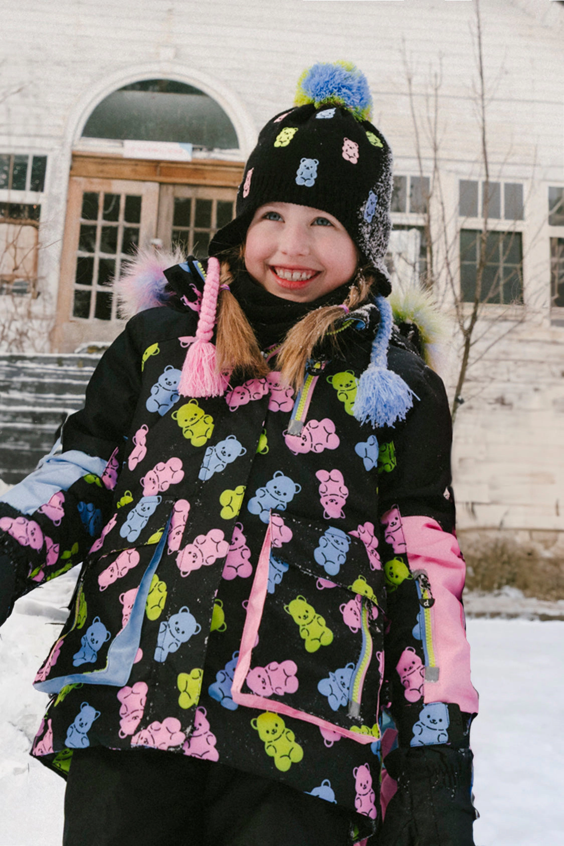 Deux par Girls Gummy Bear Print Two Piece Play Snowsuit with Hooded Jacket and Snow Pants