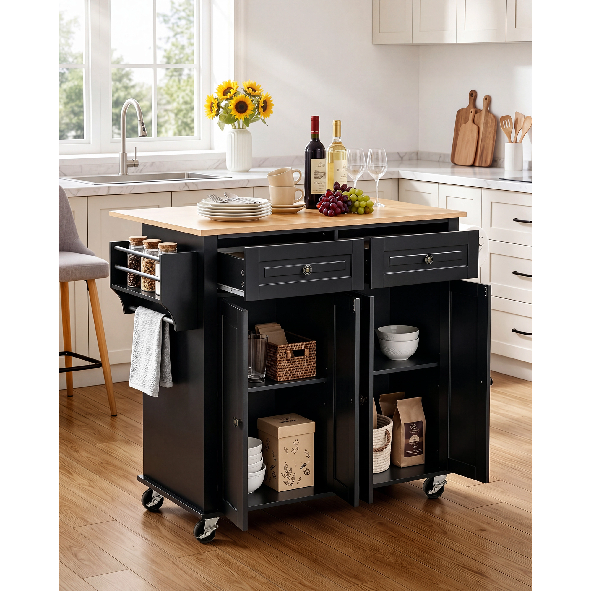 HONGGE Kitchen Island Cart with Storage 43.58 Wide Mobile Rolling on Swivel Wheels 2 Drawers