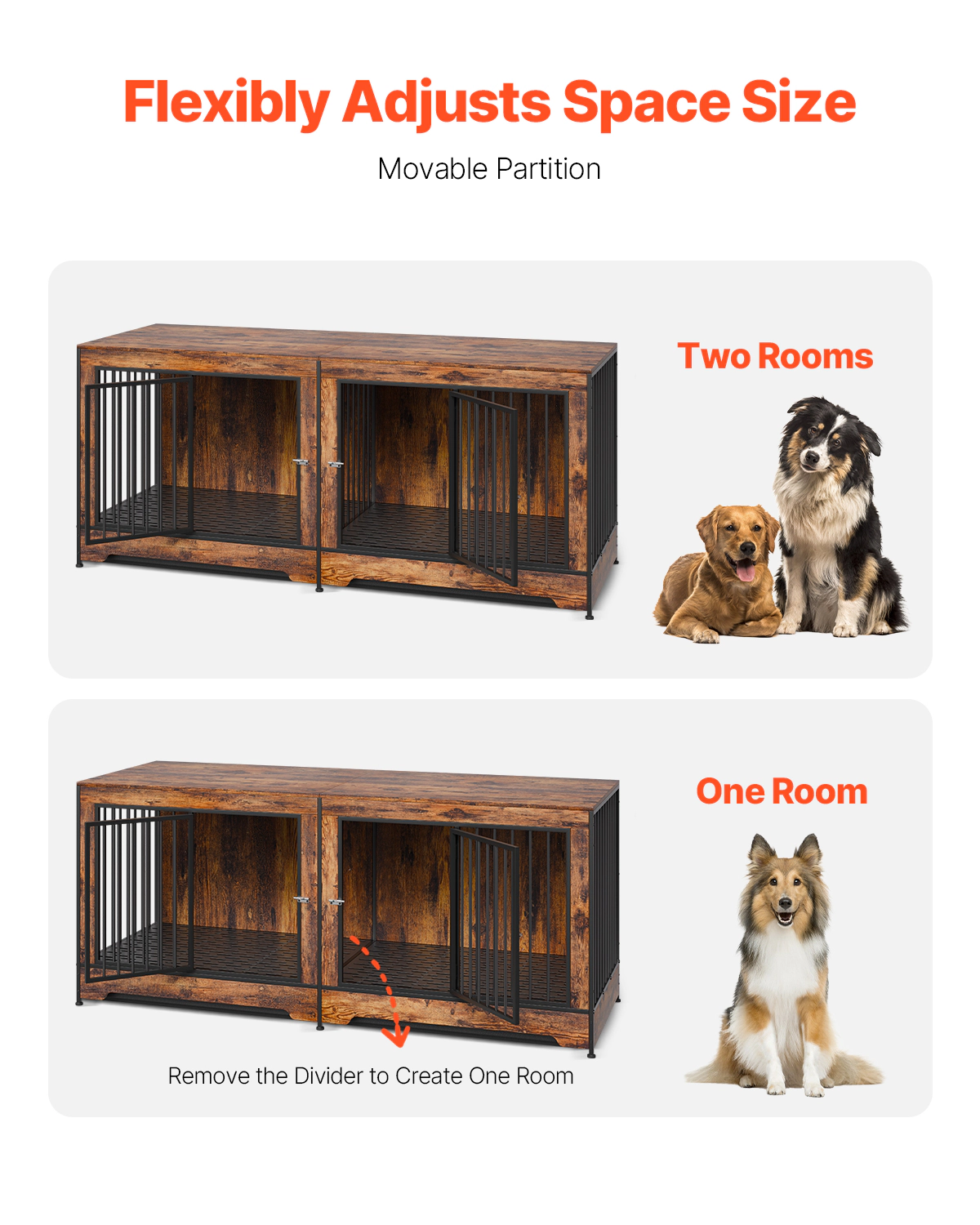 HONGGE 75 in Wooden Dog Crate Furniture with Divider for 2 Dogs, Double-Door TV Stand & End Table, Brown
