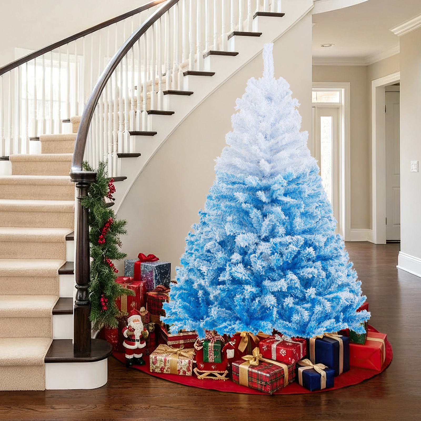 SUGIFT White and Blue Flocked Christmas Tree with Branch Tips and Folding Metal Stand