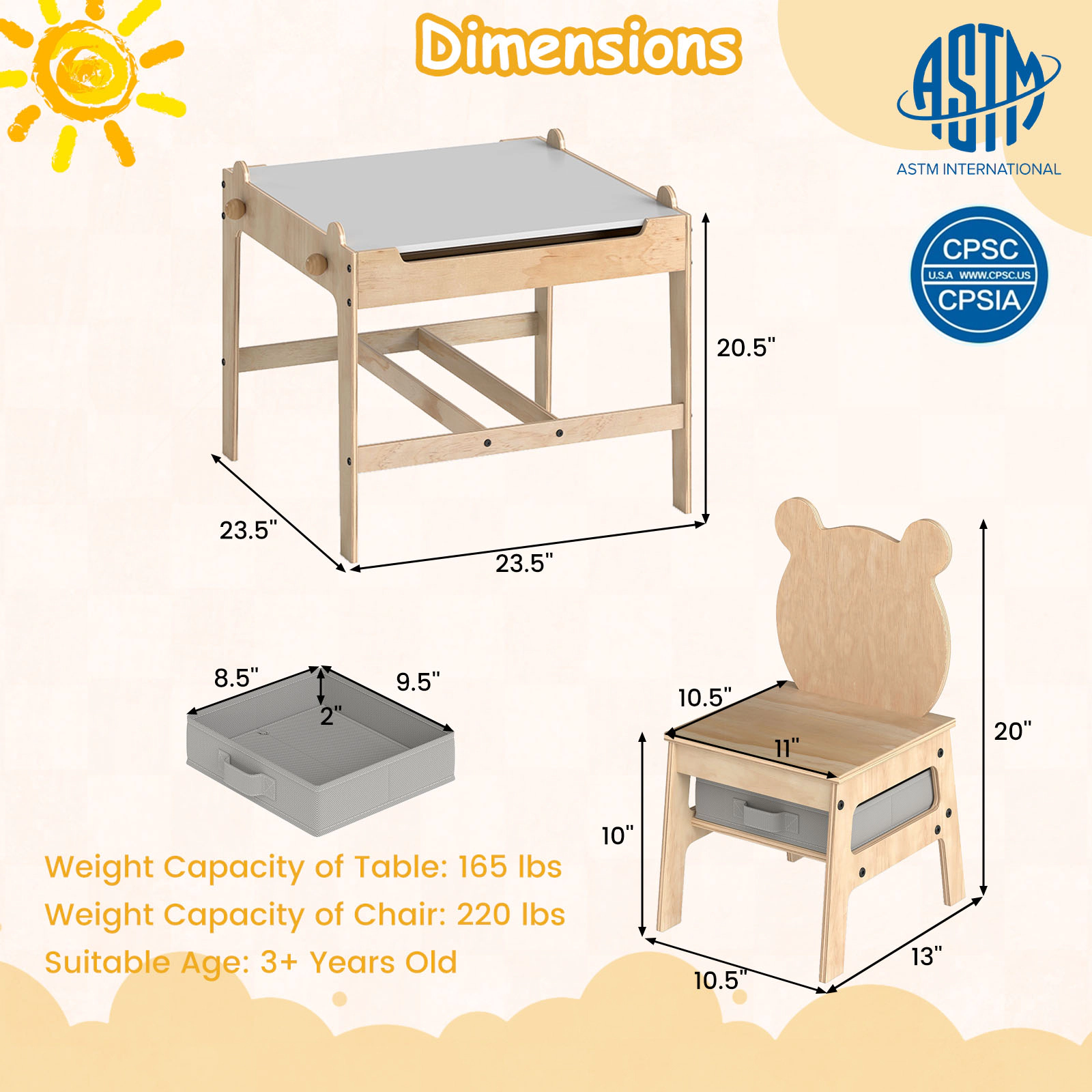 SUGIFT Kids Table and Chairs Set, 4-in-1 Reversible Whiteboard, Panda Chair Backs, 2 Fabric Drawers