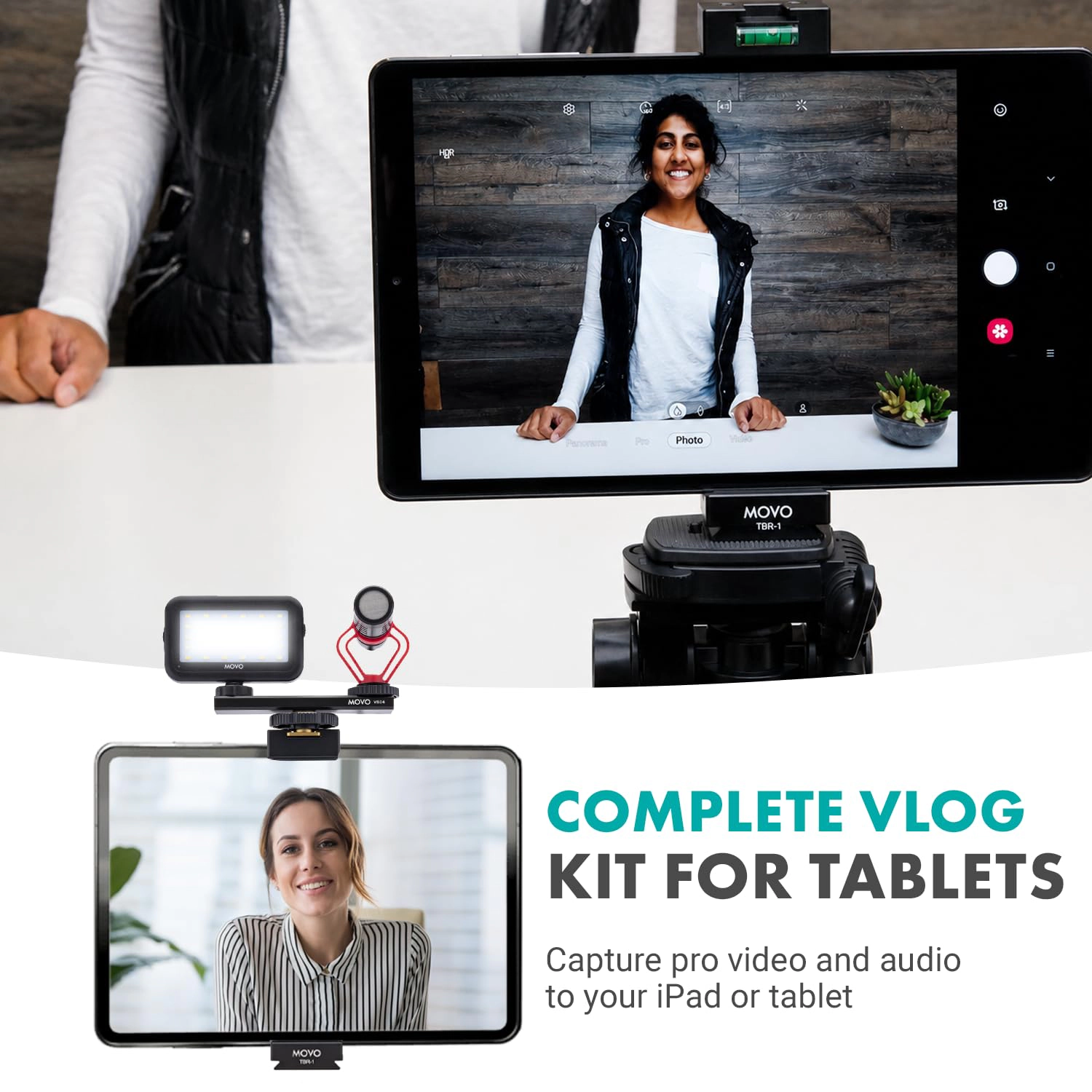 Movo Tablet Vlogging Kit for iPad Pro, Air, Mini and Android Tablets – Full-Size Tripod, Mic, LED Light and Tablet