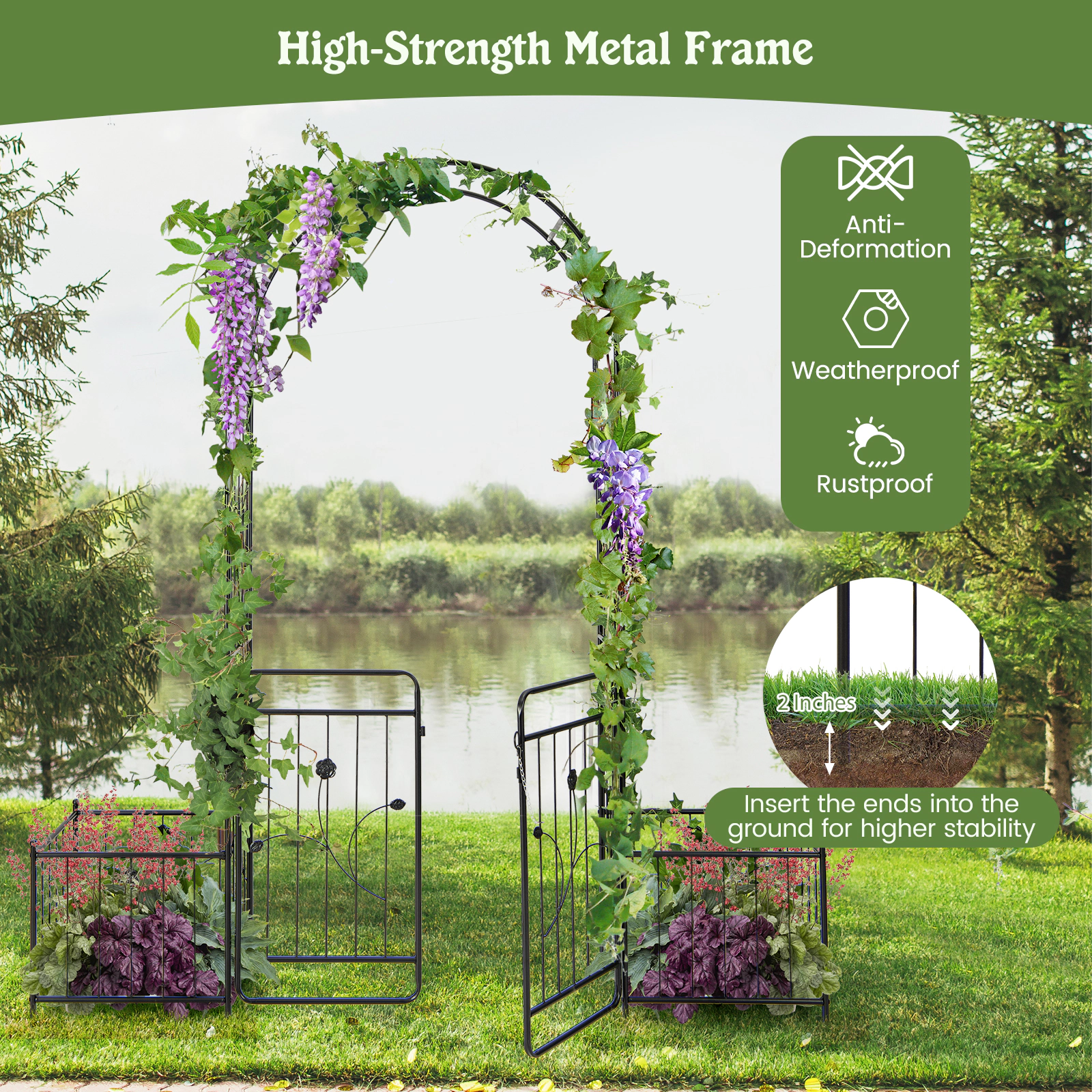 SUGIFT Arched Metal Garden Arbor with Lockable Gate and 2 Side Planters 87-in Tall 28-lb Net Weight Black