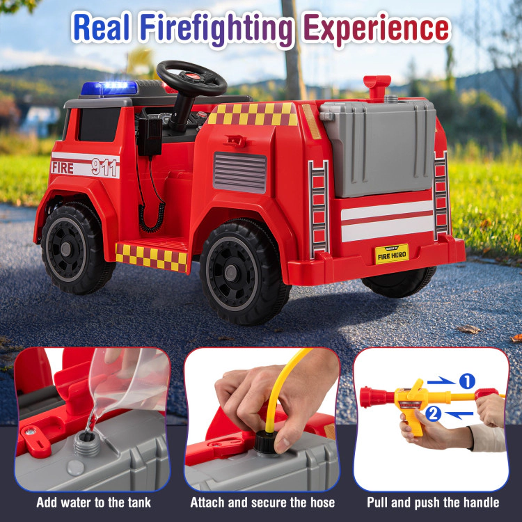 Hivvago 12V Ride on Fire Truck Powered Car with Water Sprayer and Interphone-Red