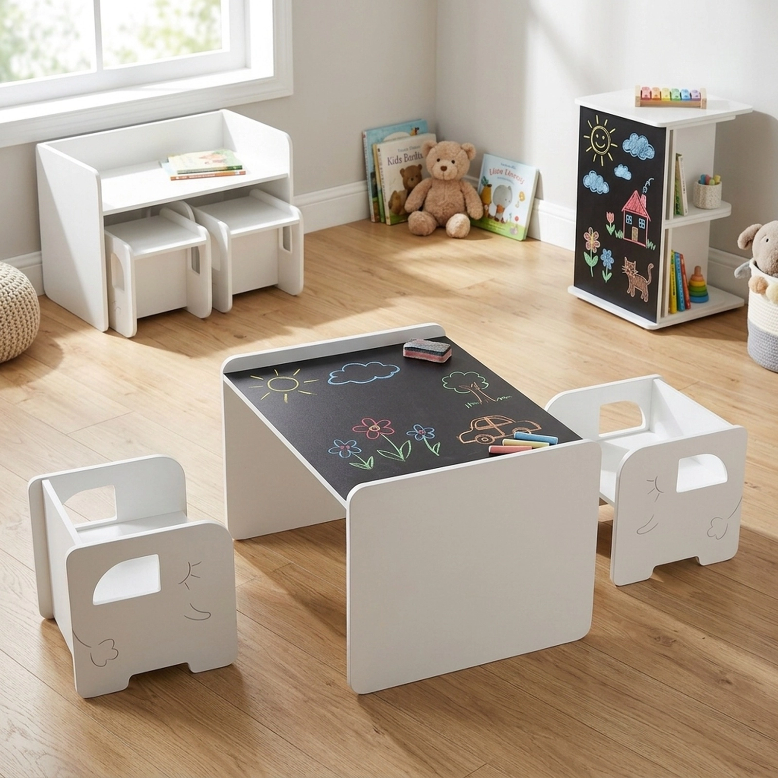 SUGIFT Kids Table and 2 Chairs, 3-Piece White Set with Chalkboard Top