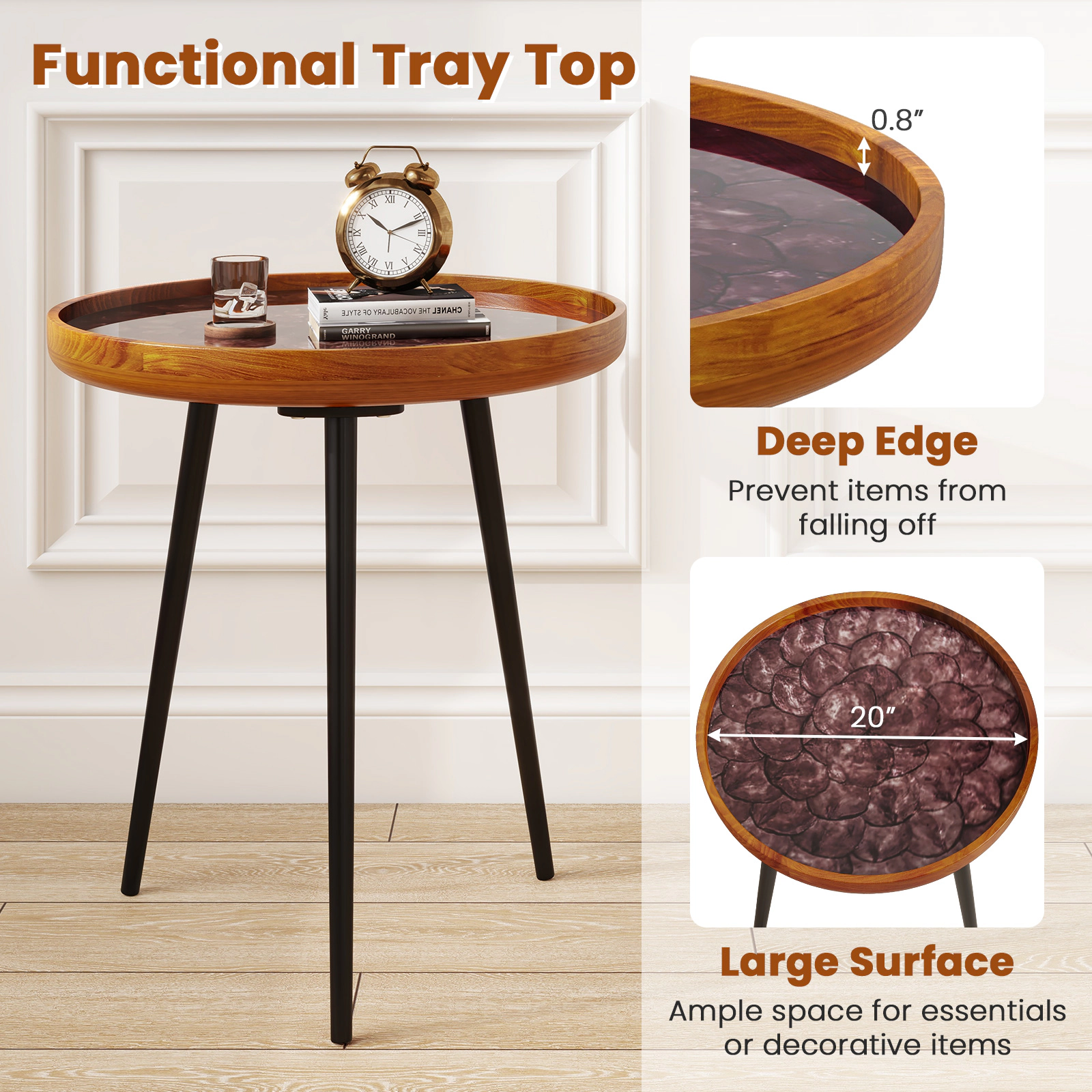 Glintex 20-Inch Round Sea Shell End Table with Teak Wood Top and Epoxy Resin Finish, Green