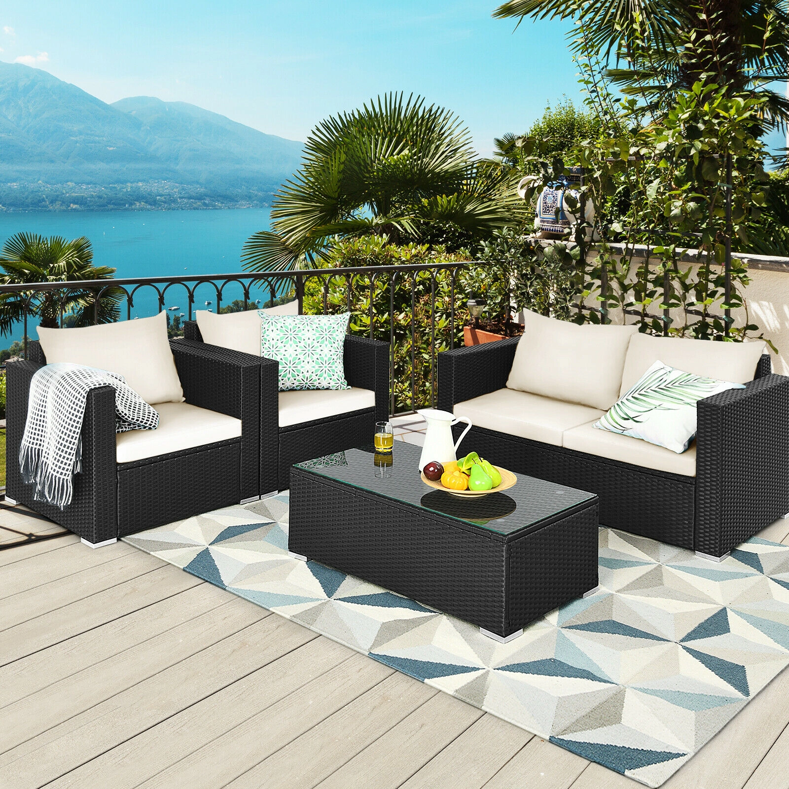 SUGIFT 4-Piece White Rattan Patio Conversation Set with Loveseat, 2 Sofas and Glass Table