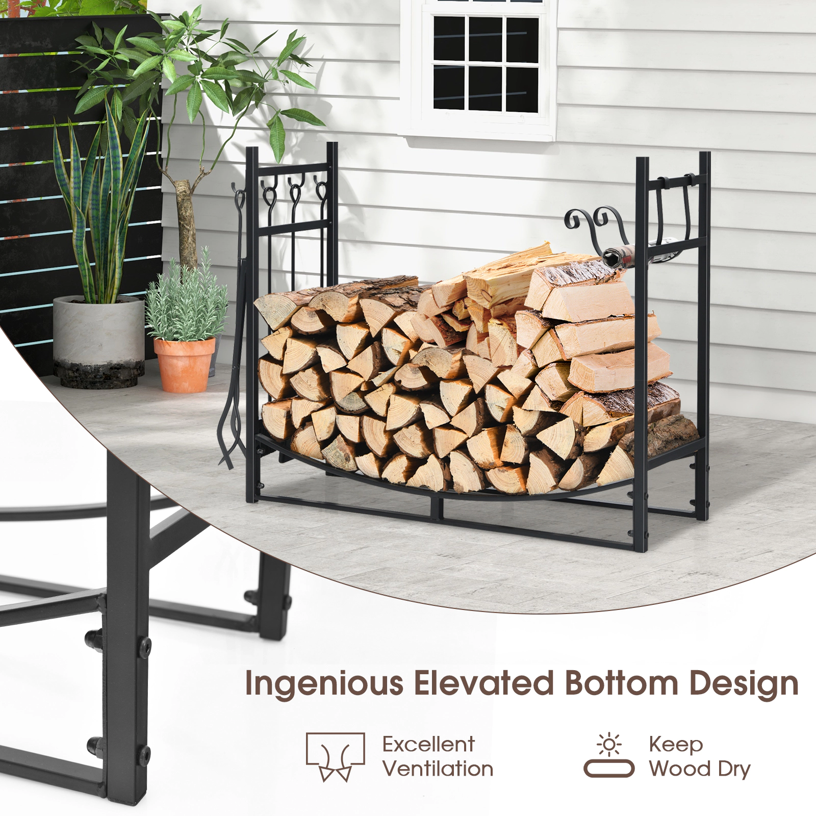 SUGIFT Heavy-Duty Steel Fireplace Log Rack with Kindling Holders and Tools 110-lb Capacity Black
