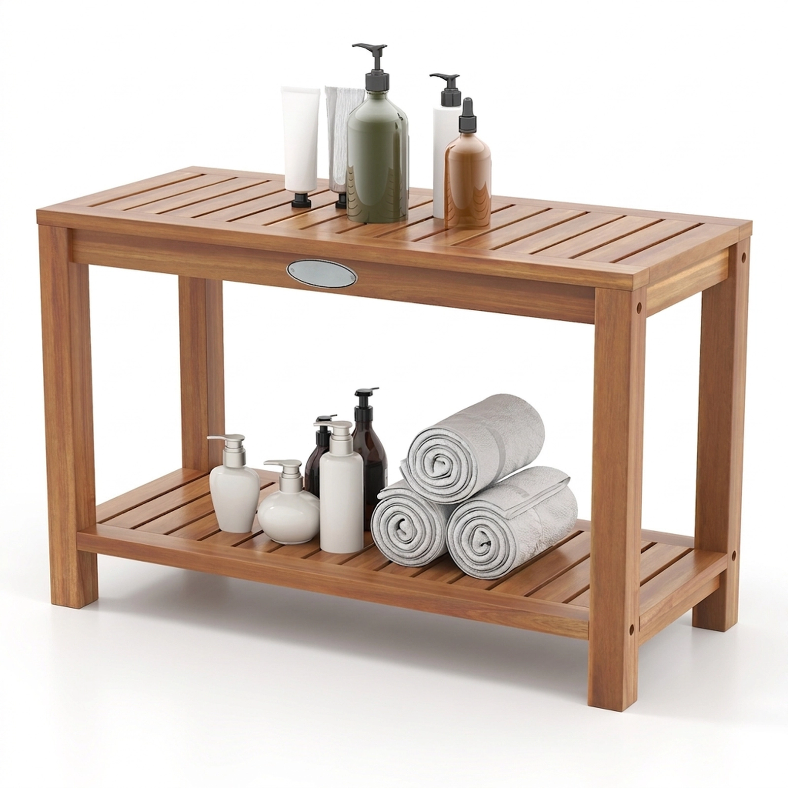 SUGIFT 2-Tier Slatted Storage Shelf Solid Teak Wood Shower Bench 30-in x 12.5-in x 18-in 330-lb Capacity Natural