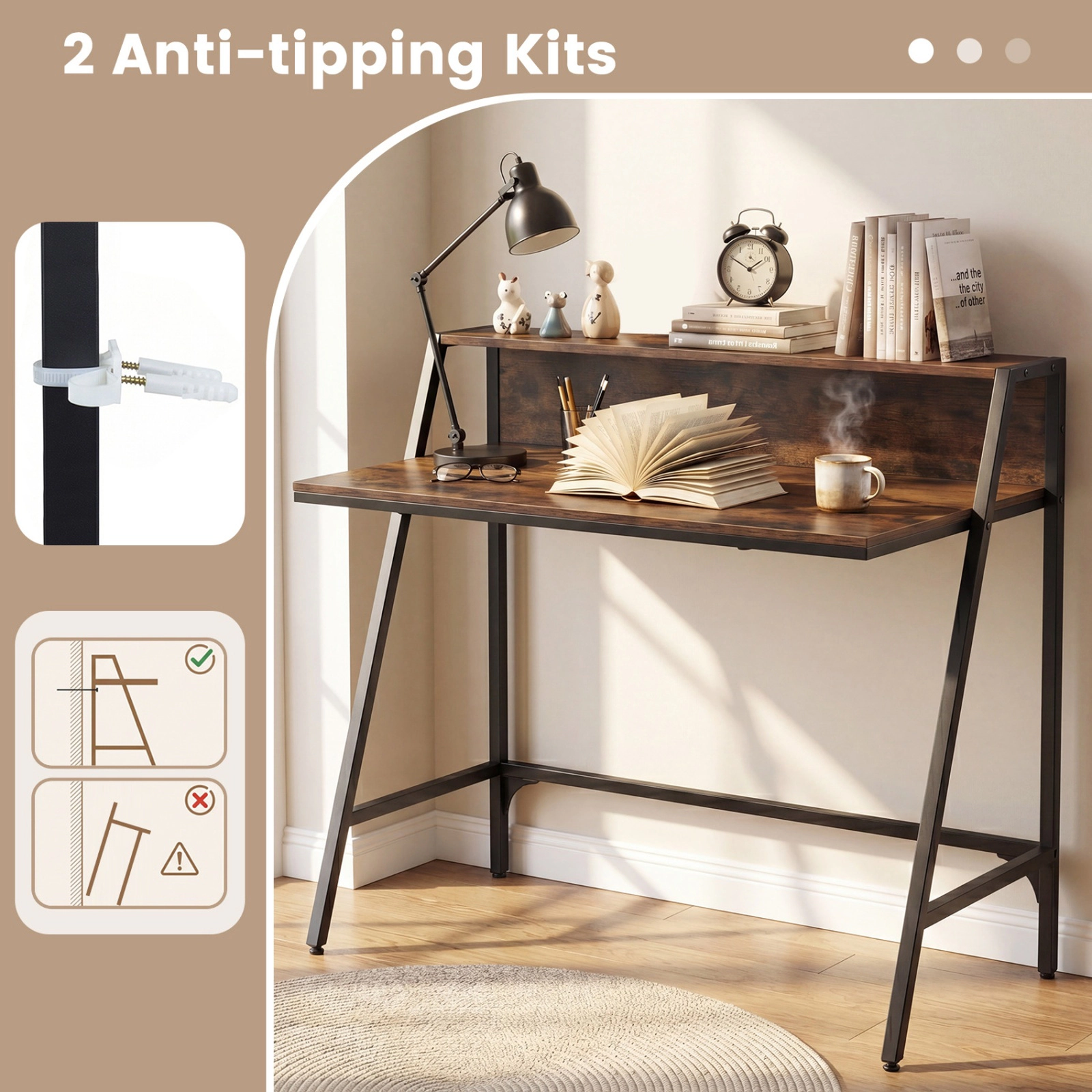 SUGIFT Rustic Brown Raised Storage Shelf and Metal Frame 31.5 Inch Industrial Writing Desk