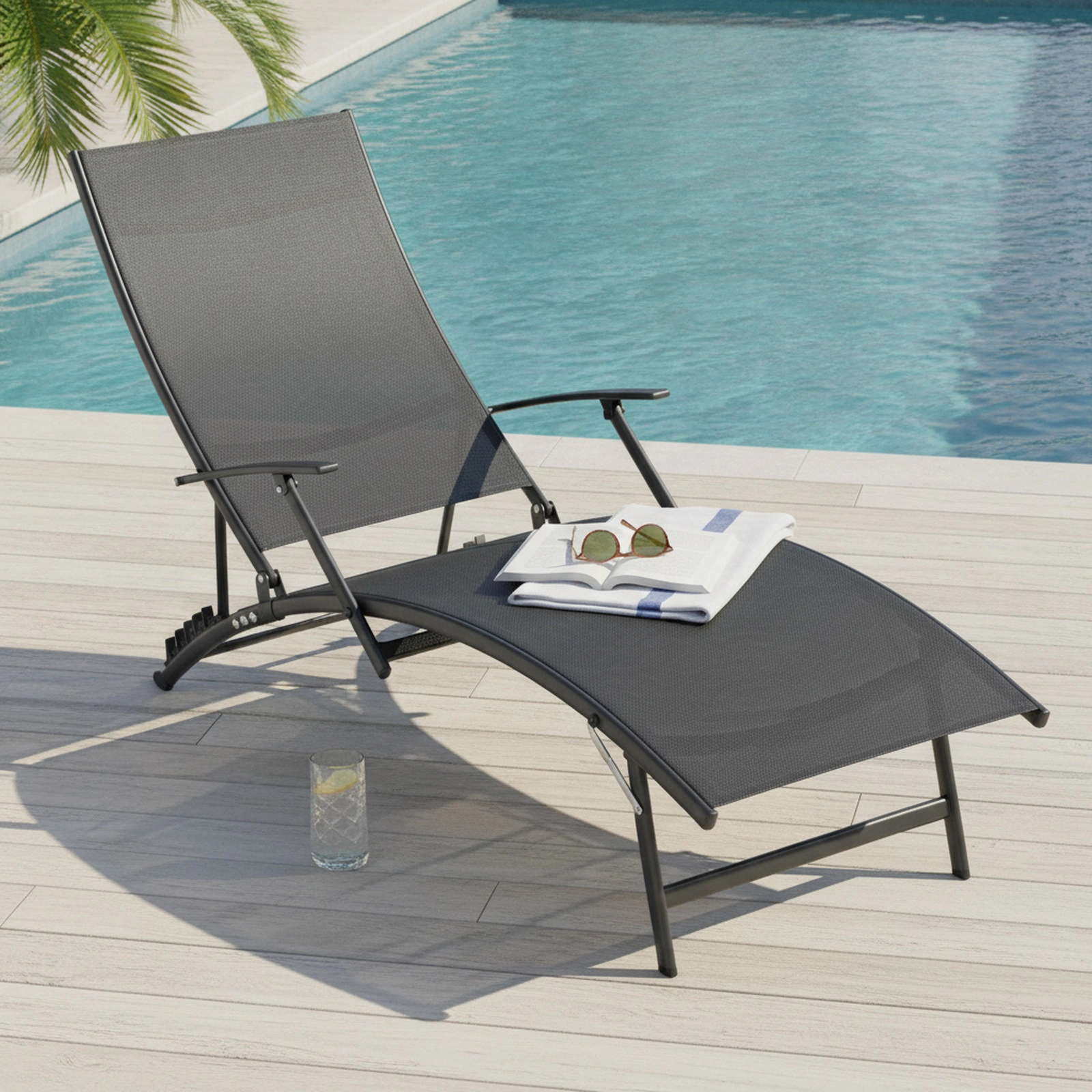 SUGIFT Set of 2 Black Stackable Patio Lounge Chairs with 5-Position Reclining Backrests