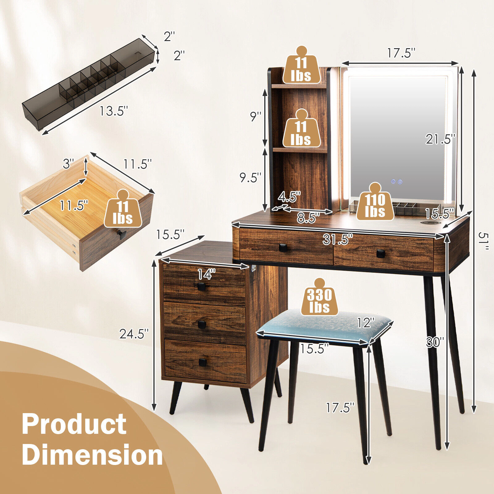 Hivvago Vanity Makeup Table Set With Lighted Mirror