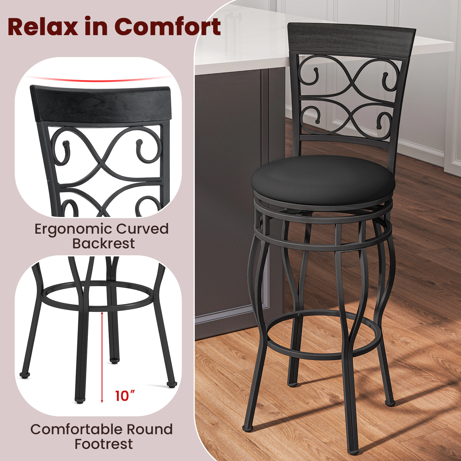 SUGIFT Set of 2 30-in Swivel Bar Stools with Backrest and Footrest 300-lb Capacity 18-in Wide Seat Black PU Leather
