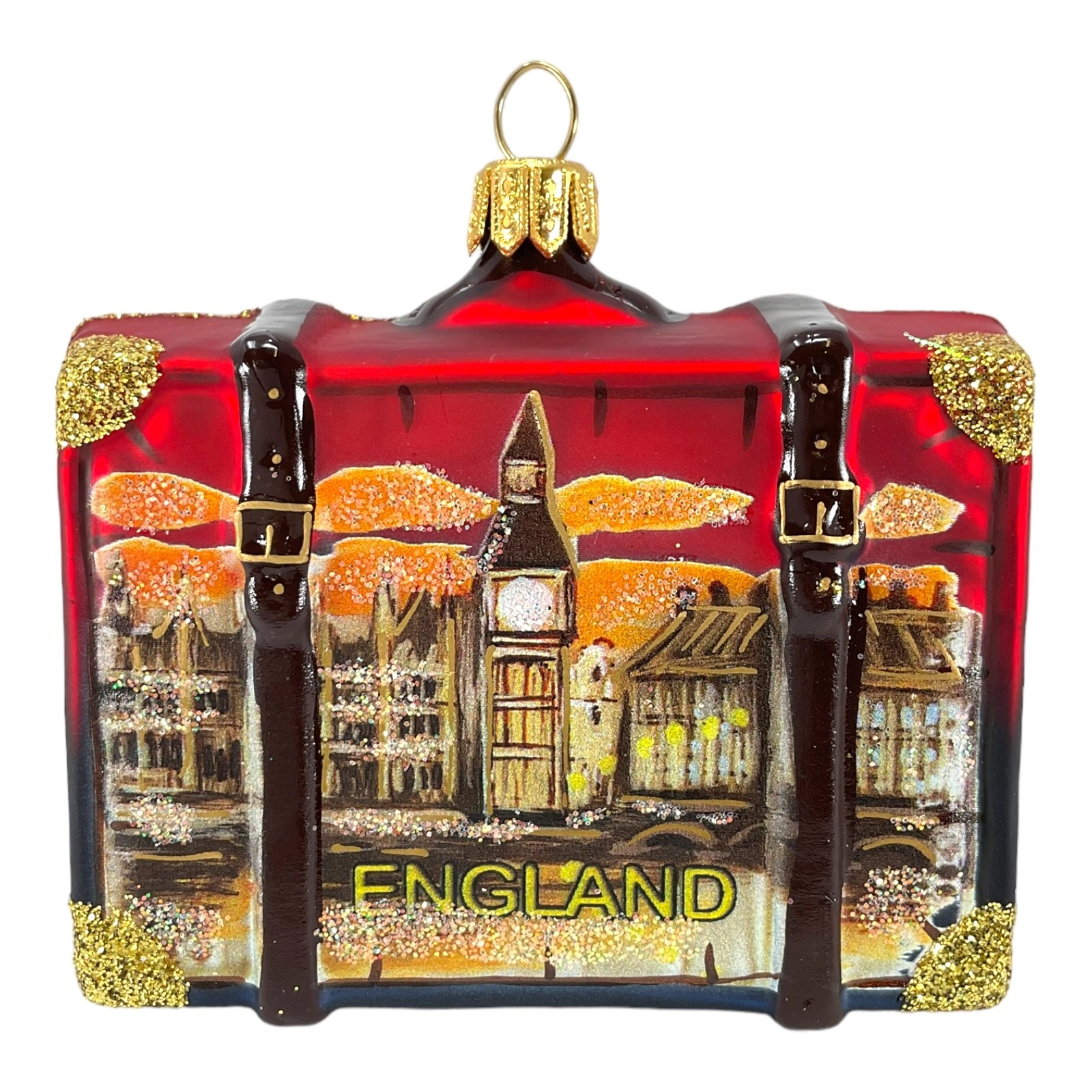 Pinnacle Peak Trading Company England Travel Suitcase Polish Glass Christmas Ornament London UK
