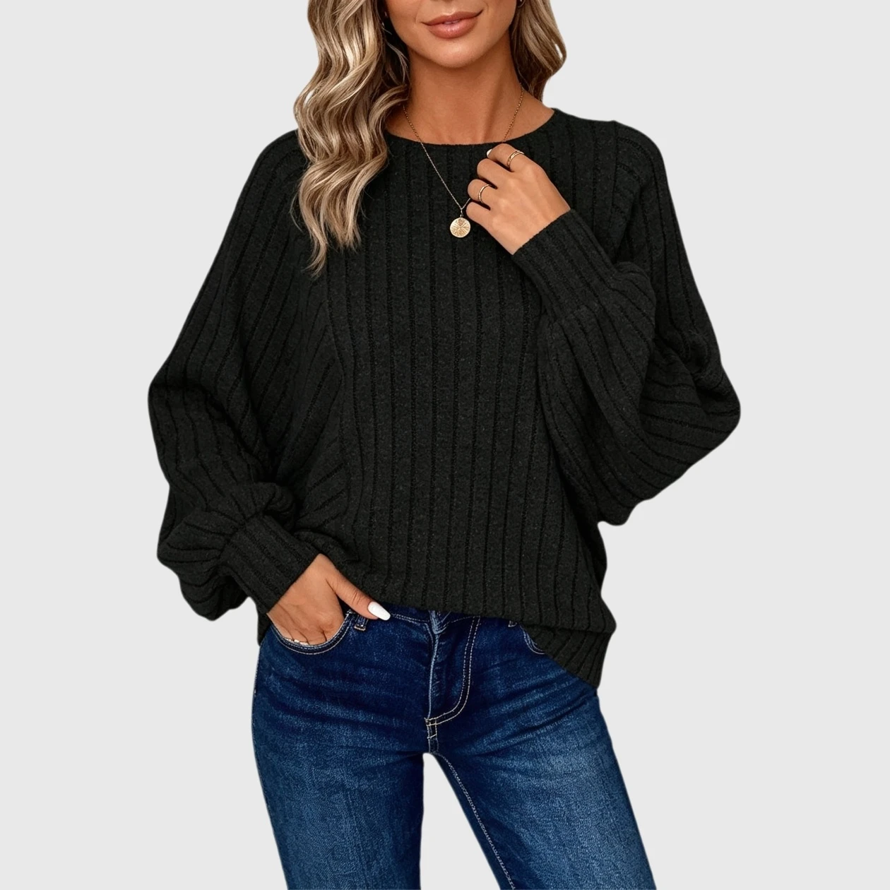 YesFashion Women's Batwing Sleeve Sweaters Long Crew Neck Loose Fit Fall Winter Tunic Top