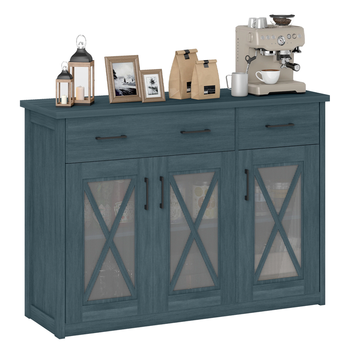 SUGIFT Farmhouse Buffet Sideboard 3-Door Kitchen Storage Cabinet with 2 Drawers 232-lb Total Capacity Turquoise/Brown