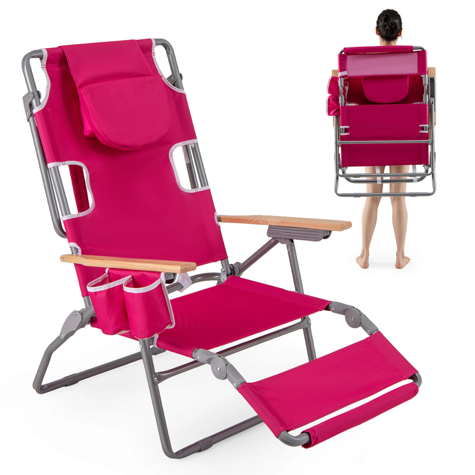 SUGIFT 3-in-1 Foldable Beach Chair Peach with Face Hole Footrest and Adjustable Backrest
