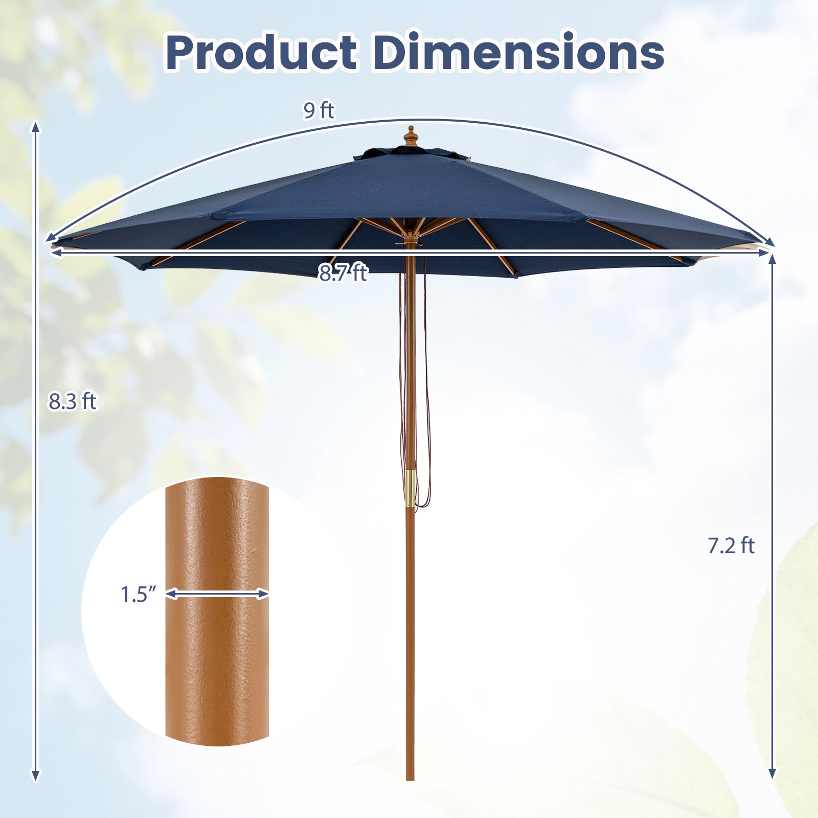 SUGIFT 9-ft Patio Market Umbrella 8 Bamboo Ribs 9-ft Canopy 1.5-in Pole Outdoor Table Umbrella Navy Natural 2-Piece Set