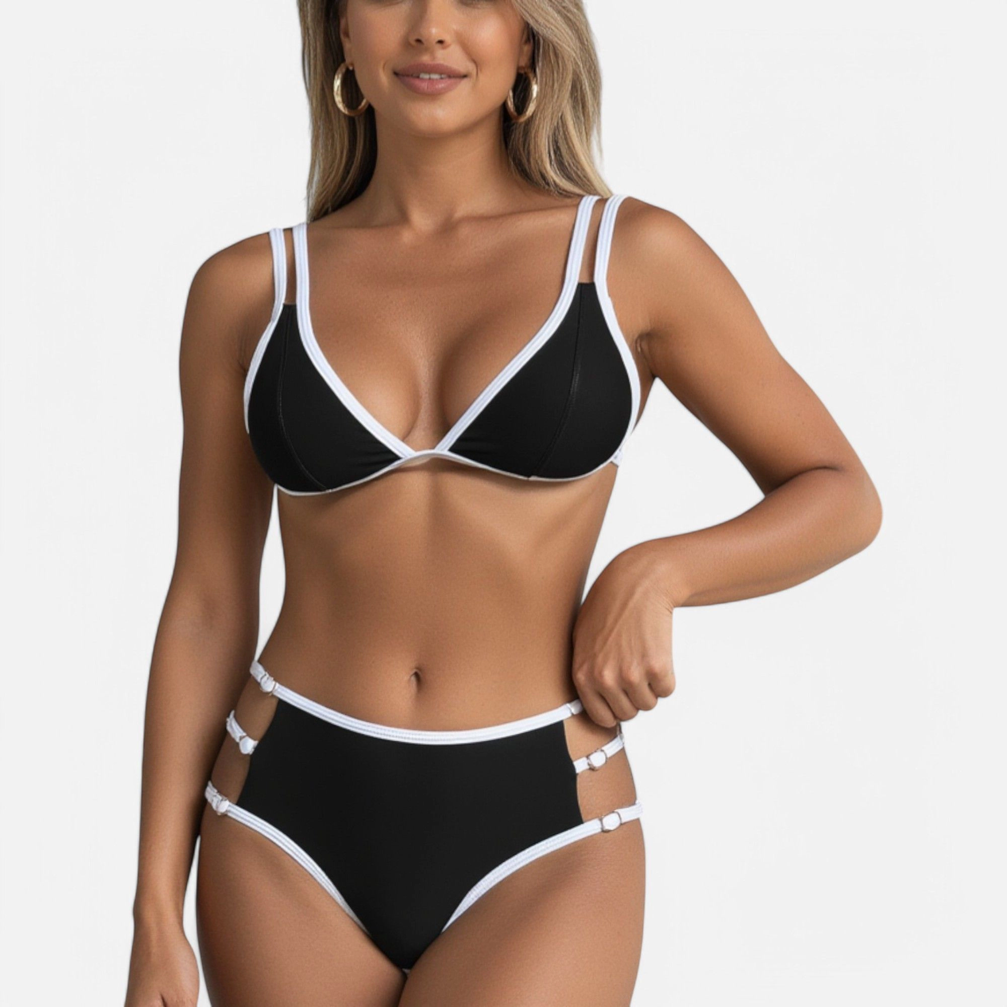 Anna-Kaci Women's High Waist Bikini Set with Double Strap Triangle Top Side Ring Bottoms