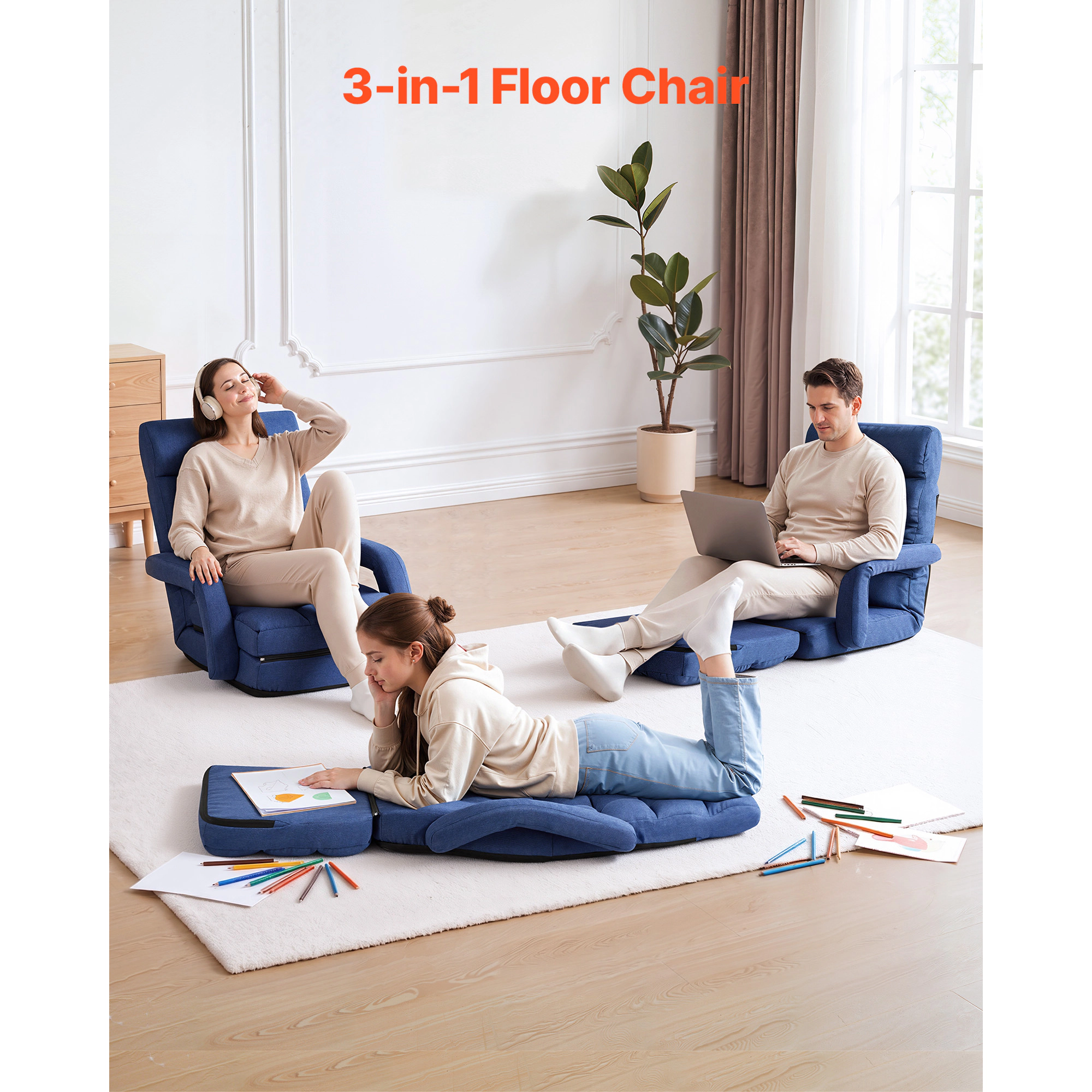 HONGGE Floor Chair 5 Adjustable Positions Folding Floor Gaming Chair with Ergonomic Back Support Sturdy Metal Frame