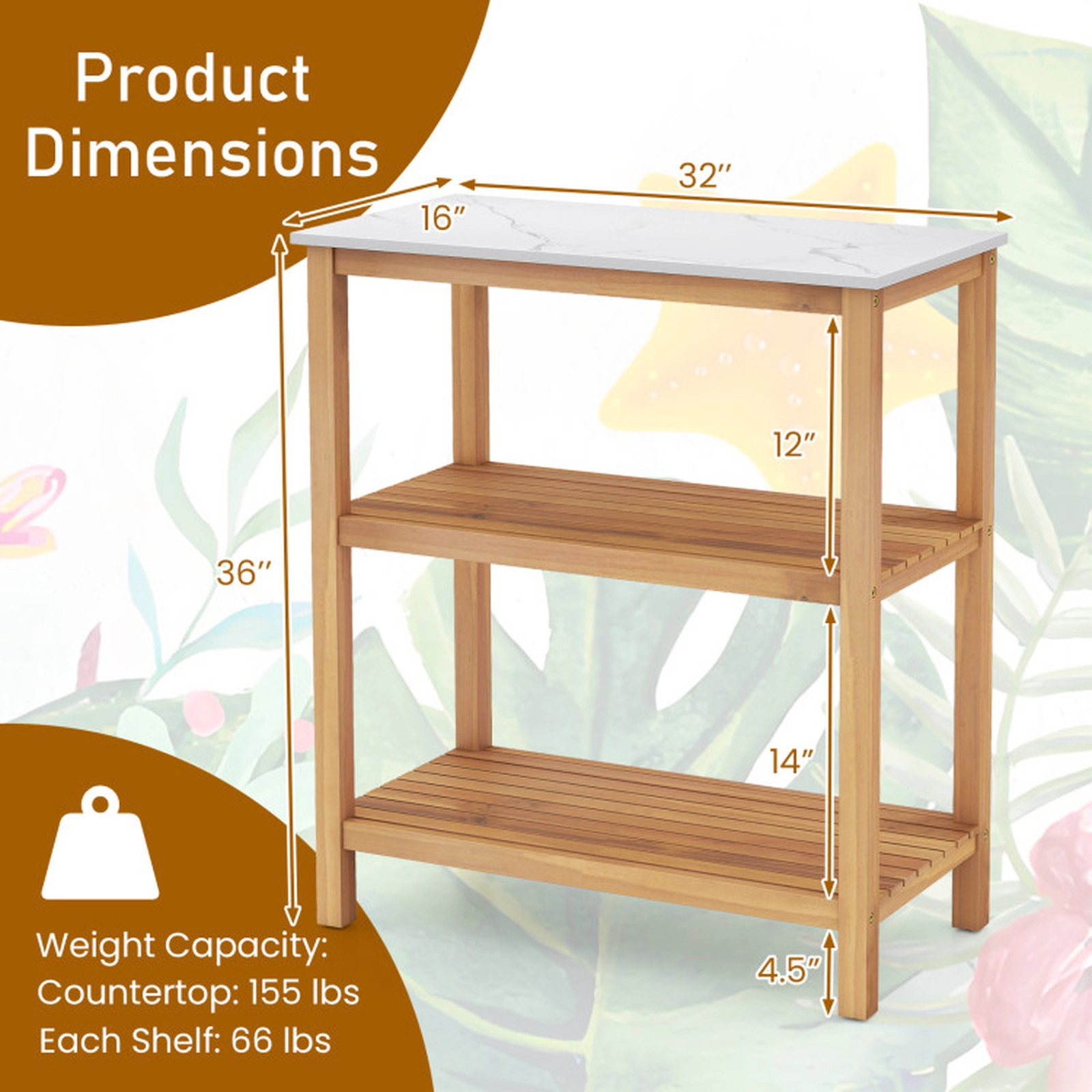 SUGIFT 3-Tier Garden Potting Bench Table with Marble-Like Countertop 155-lb Countertop Capacity Natural