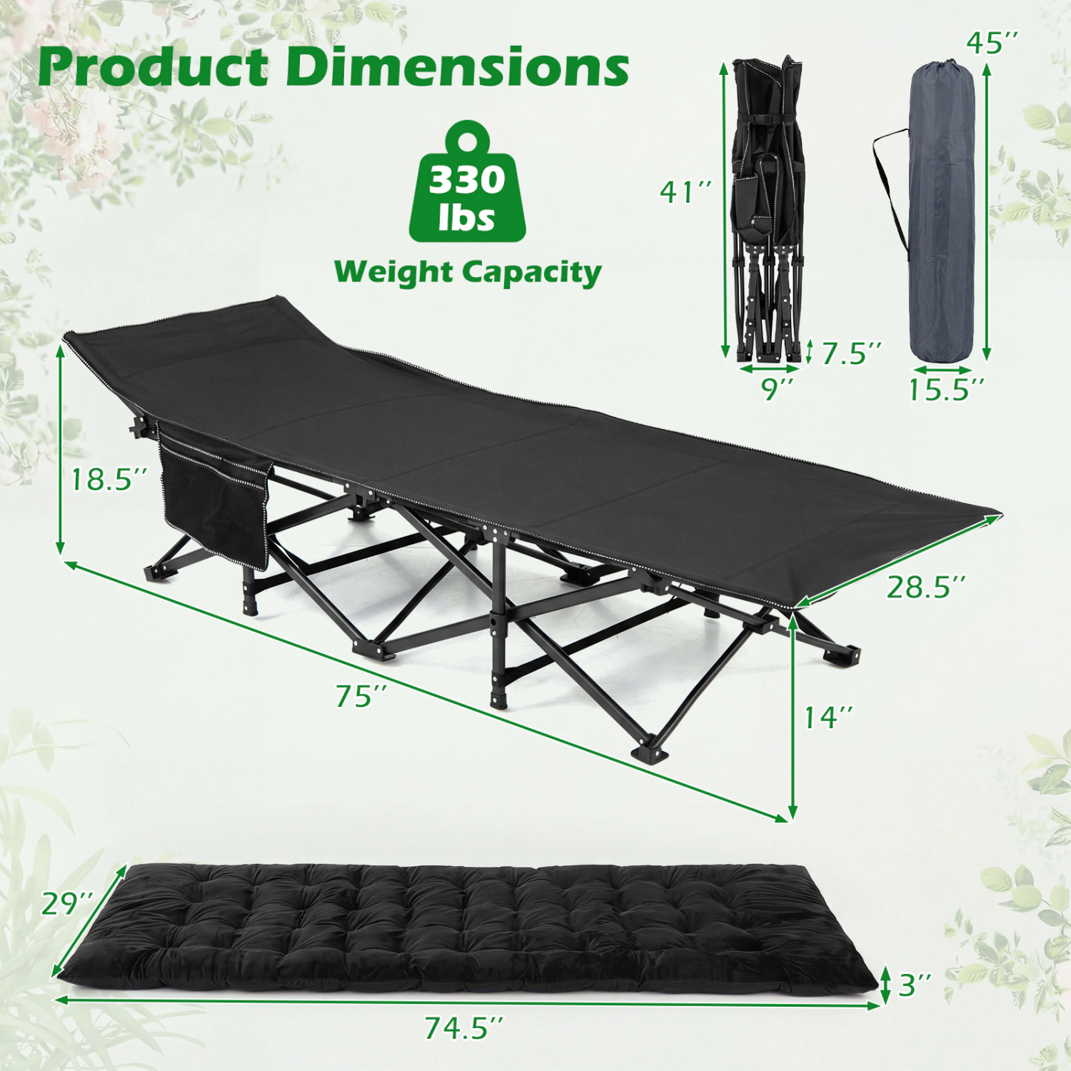 LJG Camping Cot for Adults with Soft Padded Mat and Carrying Bag