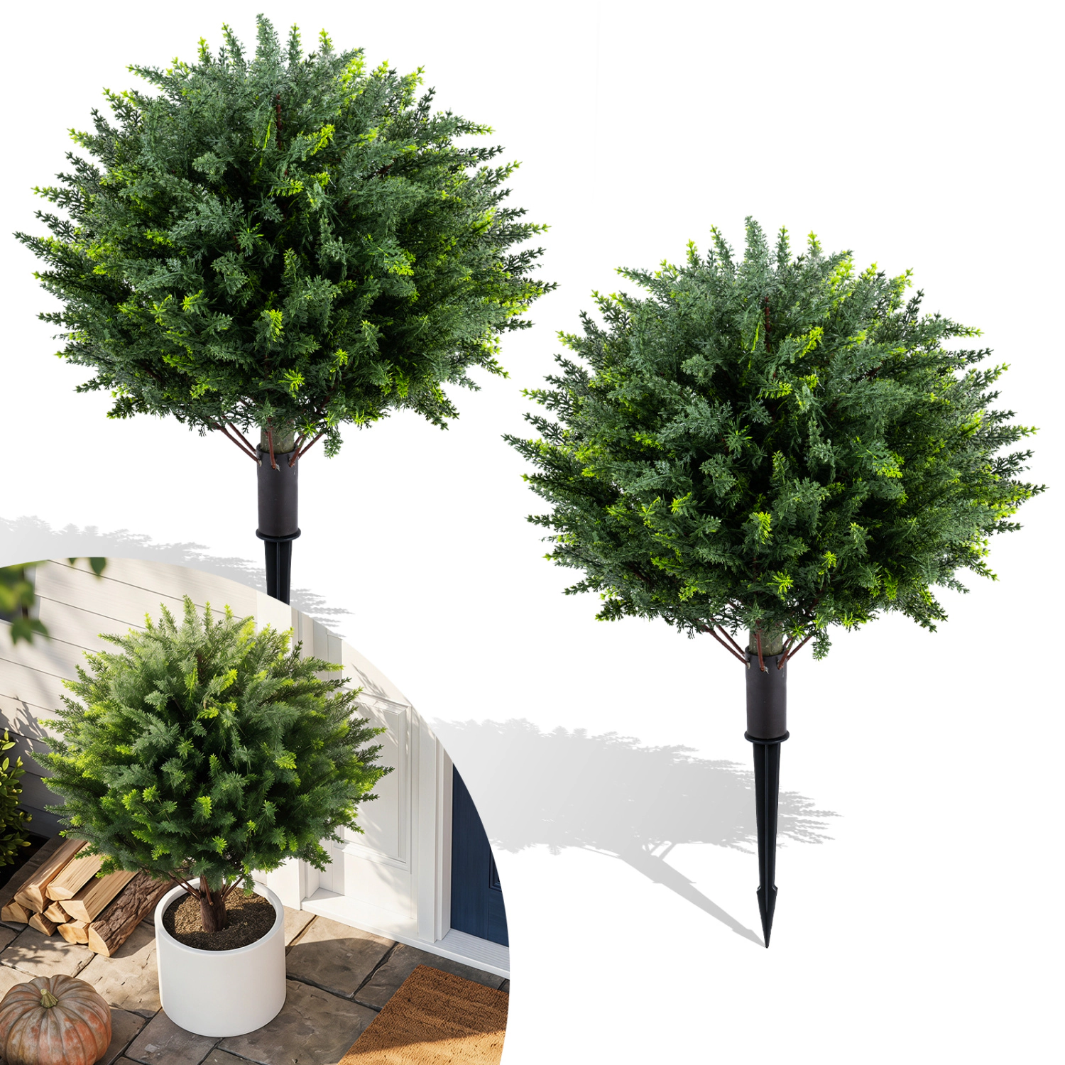 Slickblue Artificial Cypress Trees Set of 2 with Ground Spikes 27.5in Faux Greenery Plants