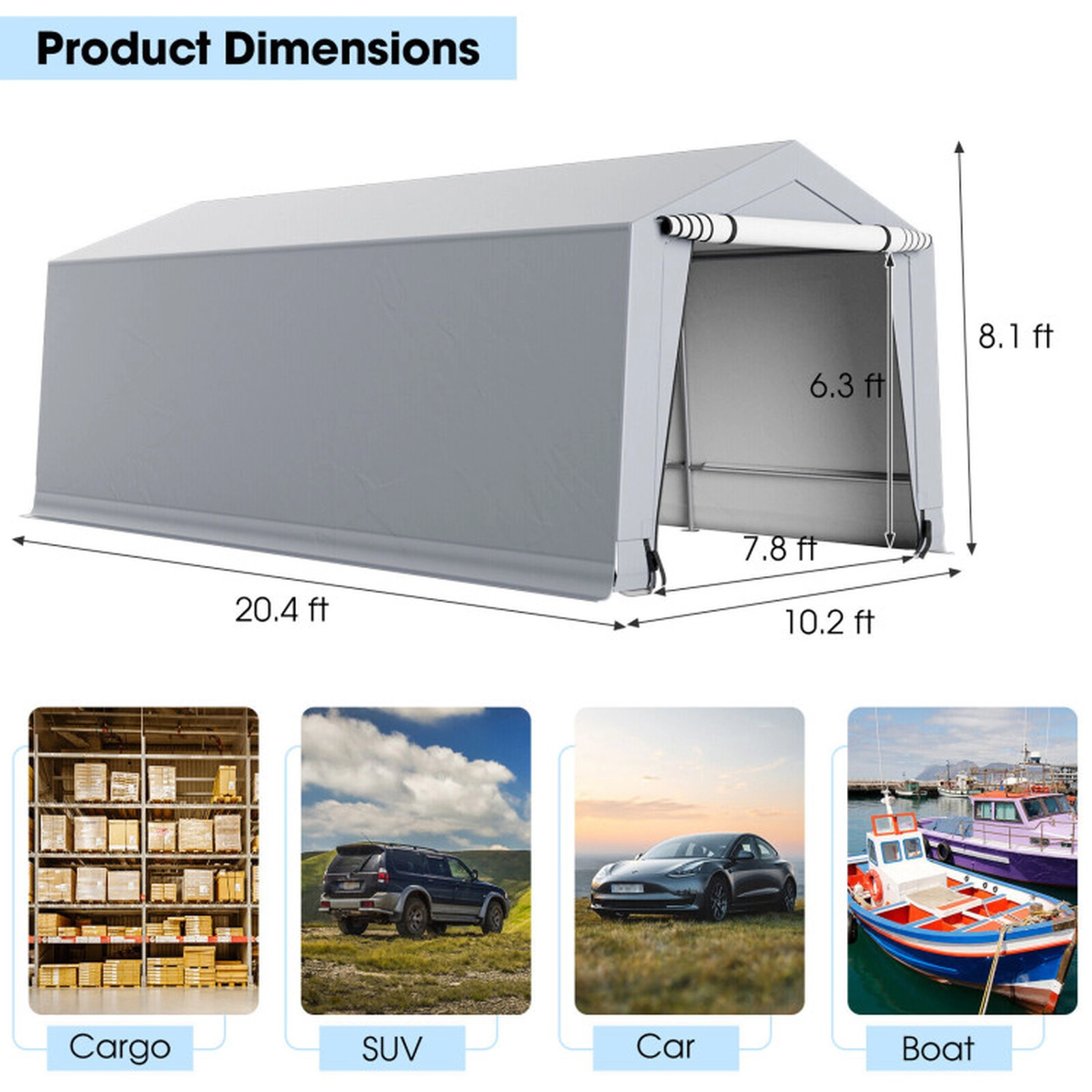 SUGIFT Gray 10-ft by 20-ft Galvanized Steel 200G PE Carport Canopy Shelter with 2 Removable Zippered Doors