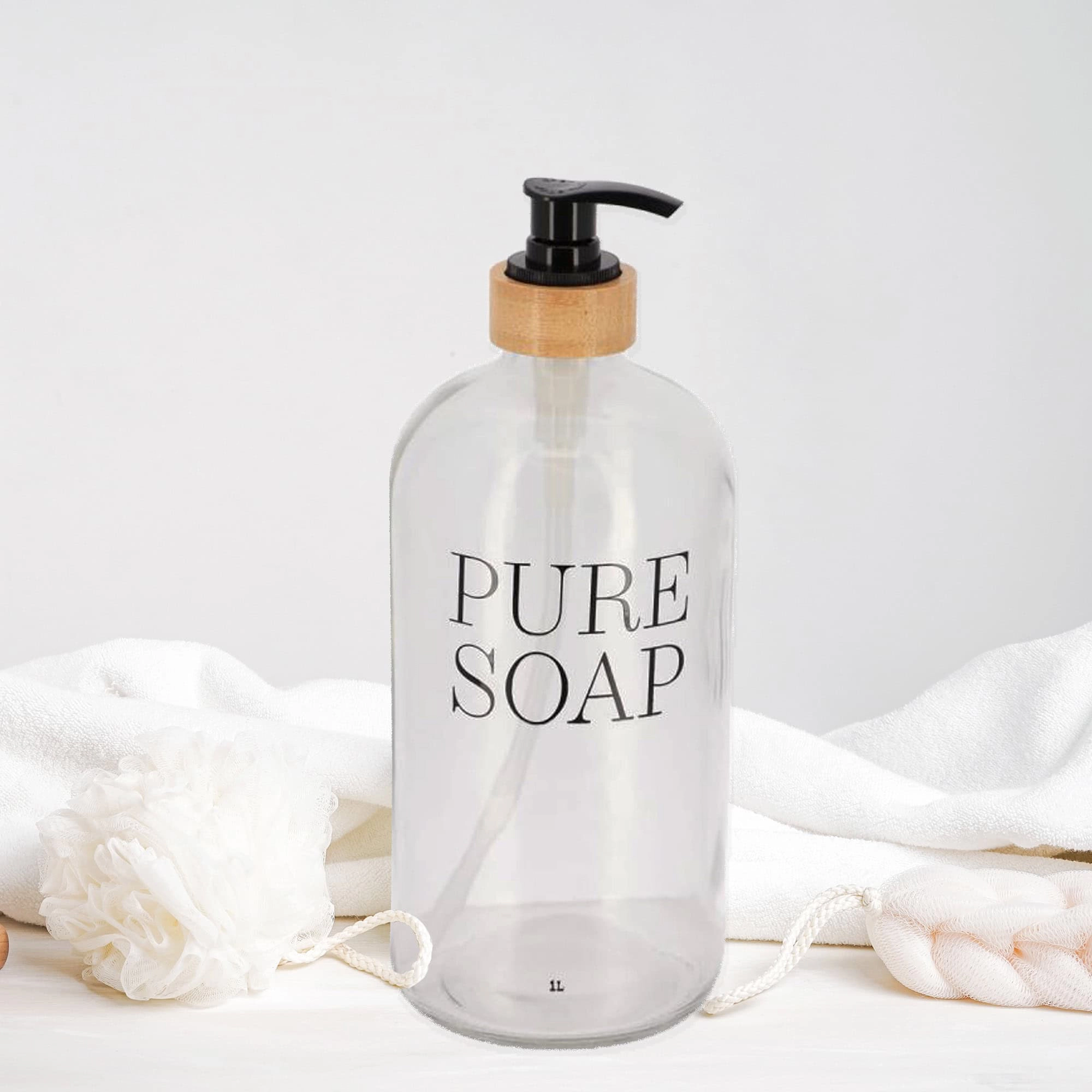 Evideco French Home Goods 34 fl oz Clear Glass Soap Dispenser with Bamboo Collar