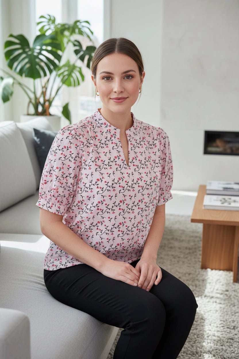 DressAtR Women's Floral Print Split Neck Elbow Sleeve Pullover Blouse