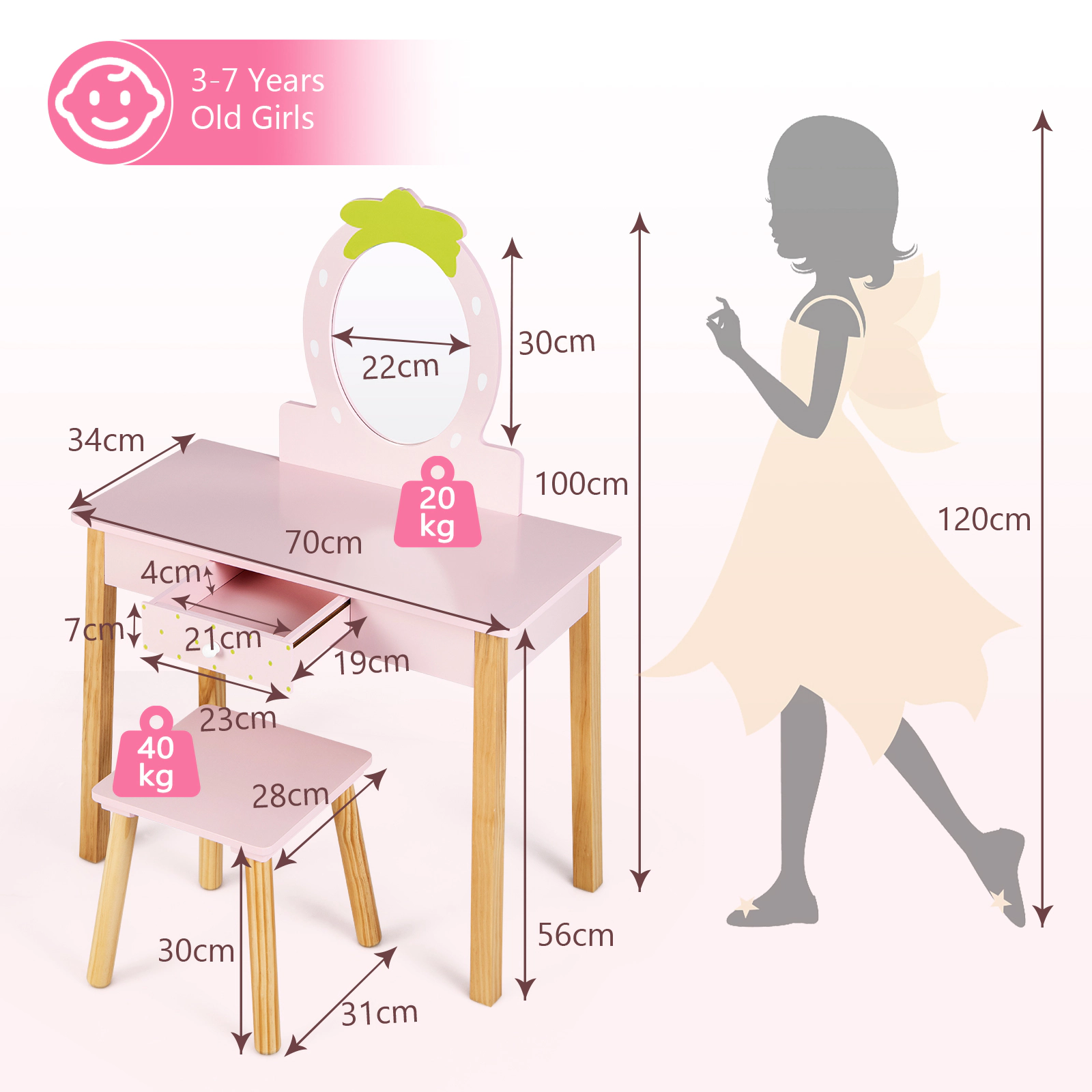 SUGIFT Pink Kids Vanity Table and Stool Set, 2-in-1 Desk with Removable Strawberry Mirror