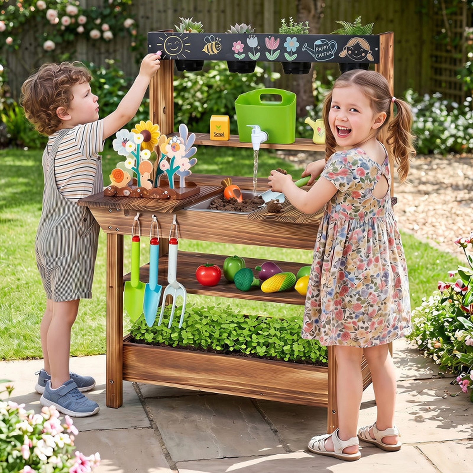 SUGIFT Rustic Brown Faucet Sink and Planter Box Outdoor Kids Wooden Mud Kitchen