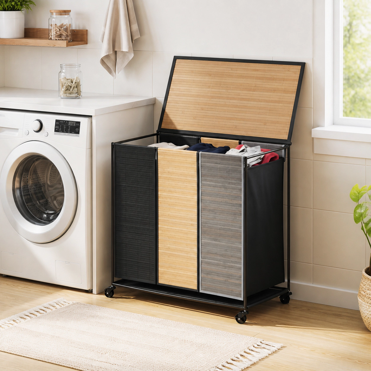 SUGIFT 21.4-gal 3-Section Bamboo Laundry Hamper Sorter with Lid 4 Wheels and Removable Washable Liners