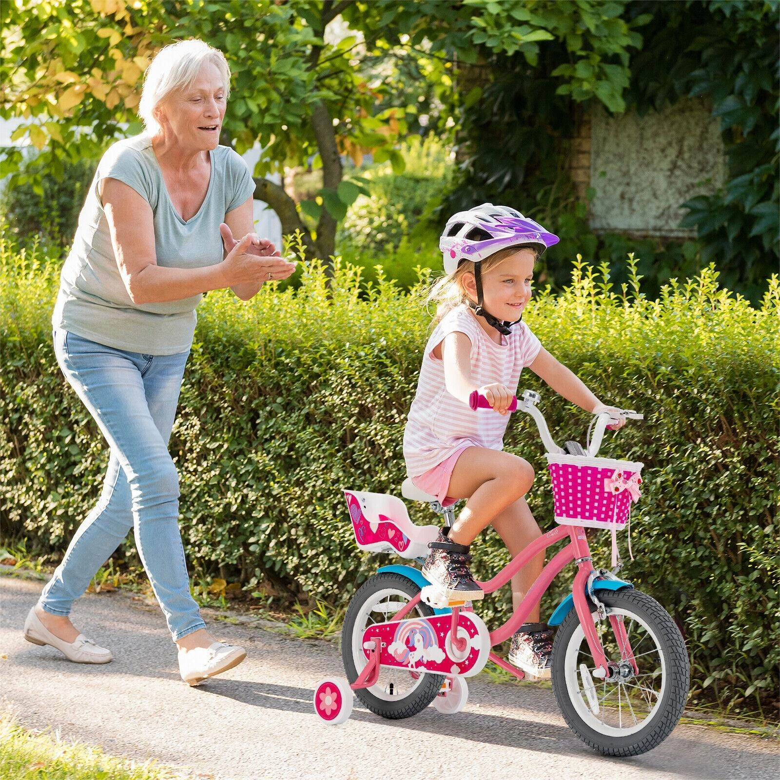 SUGIFT Kids Bicycle with Training Wheels Basket and Doll Seat 110-lb Capacity Ages 4-8 Pink 14-Inch Wheel