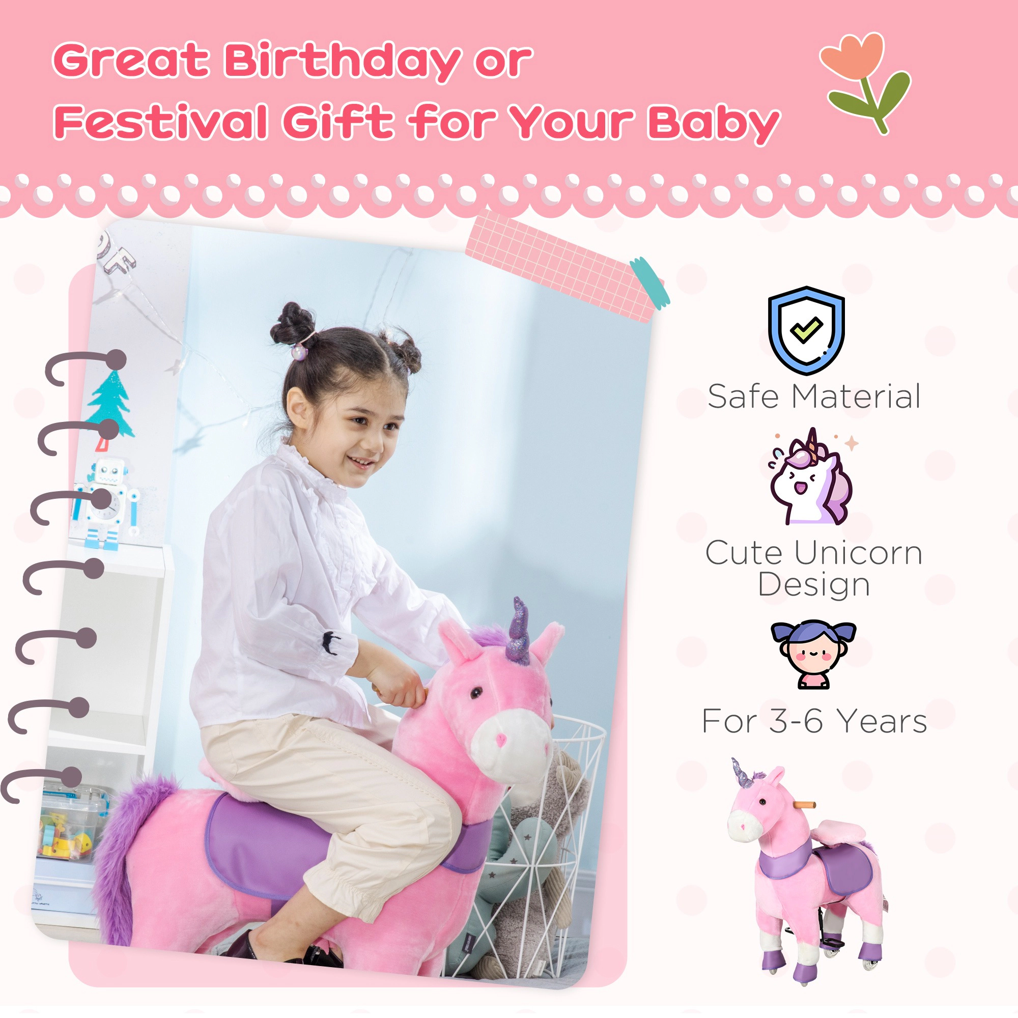 HONGGE Pink Plush Ride-On Unicorn Toy with Sparkly Horn, Padded Seat and Pedal Wheels for Kids Ages 3-6