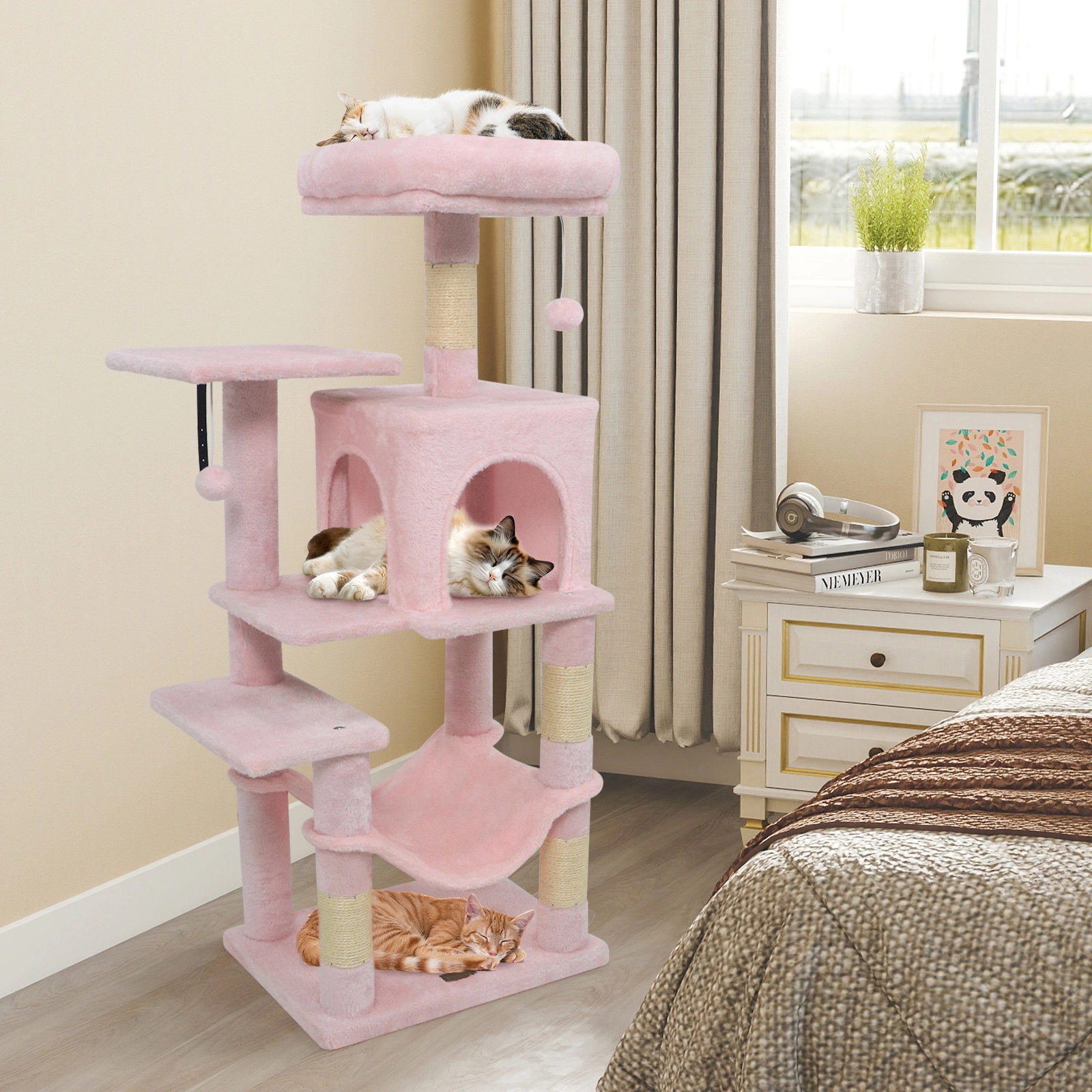 SUGIFT 44-in Pink Cat Tree Tower with 2-Door Condo Padded Top Perch Plush Hammock and Sisal Posts