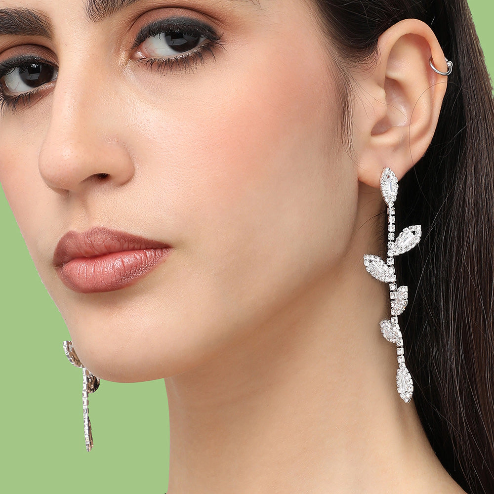 SOHI Women's Silver Embellished Foliage Drop Earrings