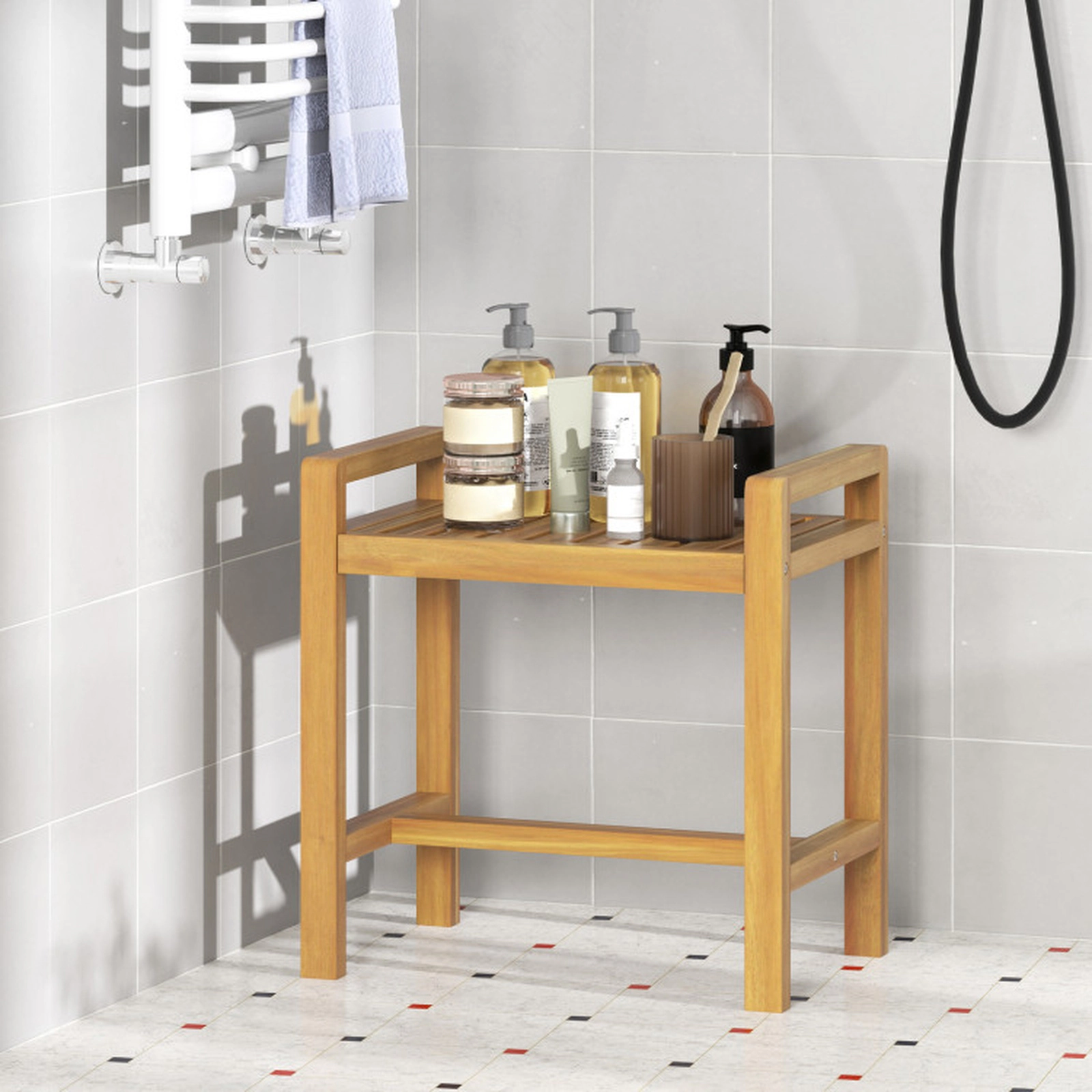 SUGIFT Teak Wood Shower Bench Stool, Slatted Seat, Dual Handles, 242-Lb Capacity