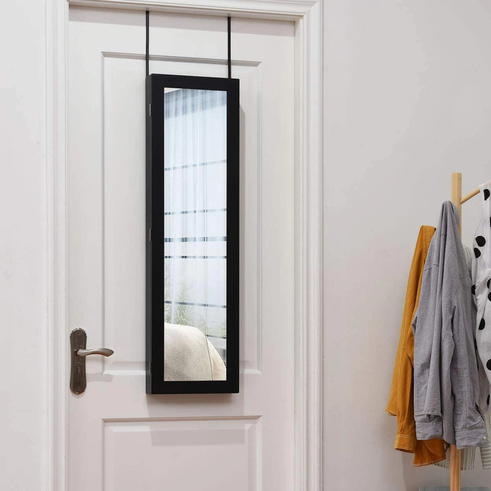 SUGIFT Dark Brown Full-Length Mirror Jewelry Cabinet with Ring Slots Necklace Hooks and Wall Storage