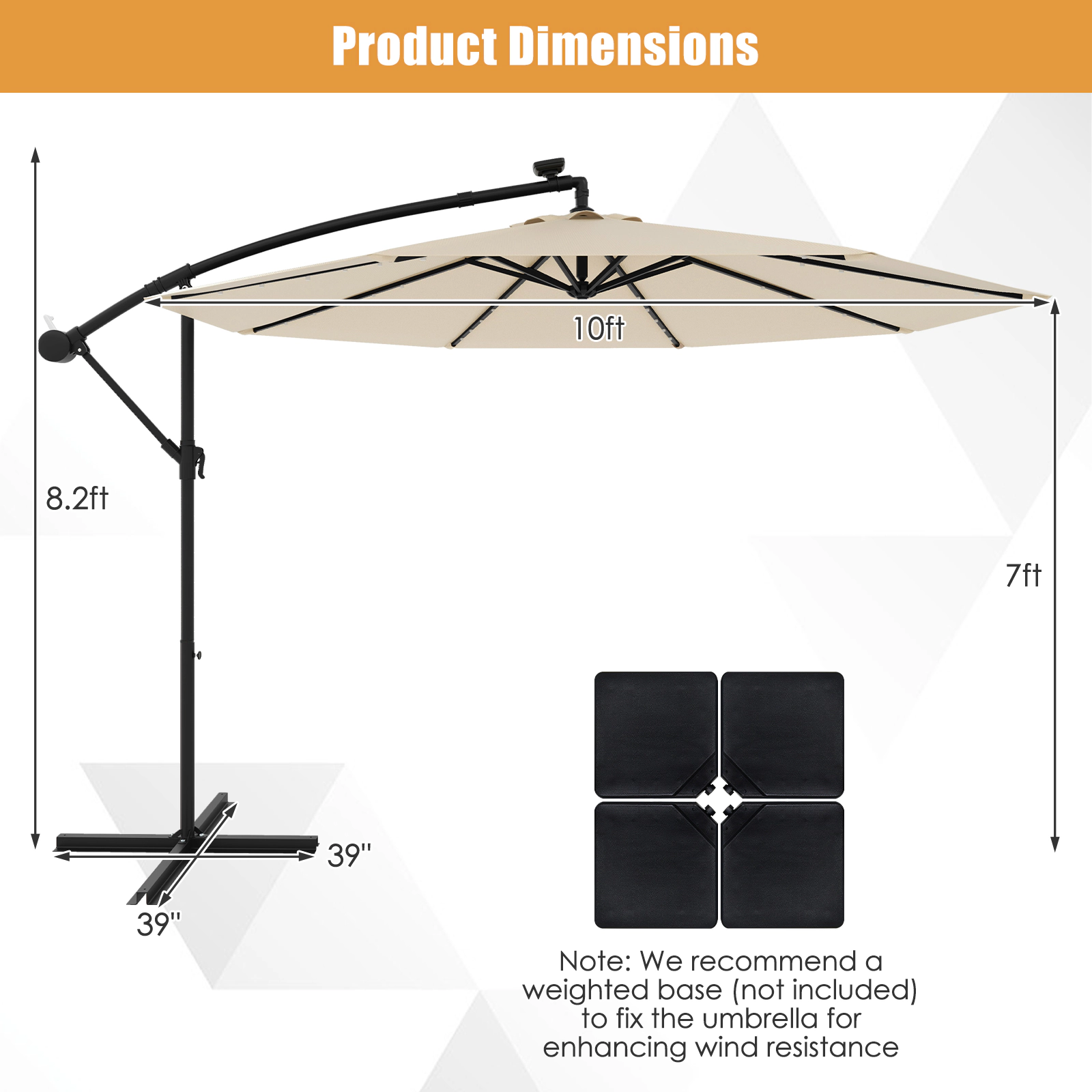 SUGIFT 40 LED Lights Crank Lift and Cross Base 10 FT Solar Offset Cantilever Patio Umbrella