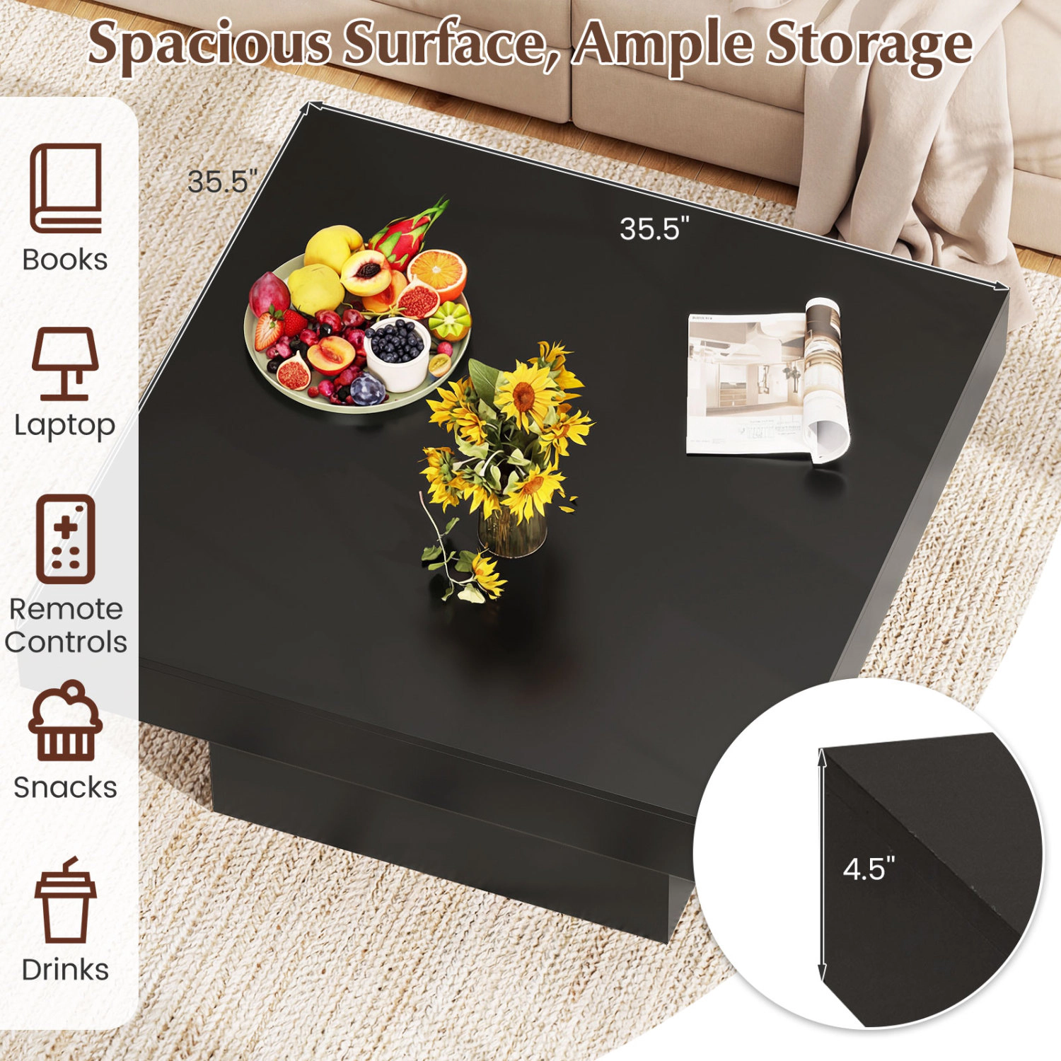 Glintex 35.5-Inch Square Coffee Table with RGB LED Lighting and Remote